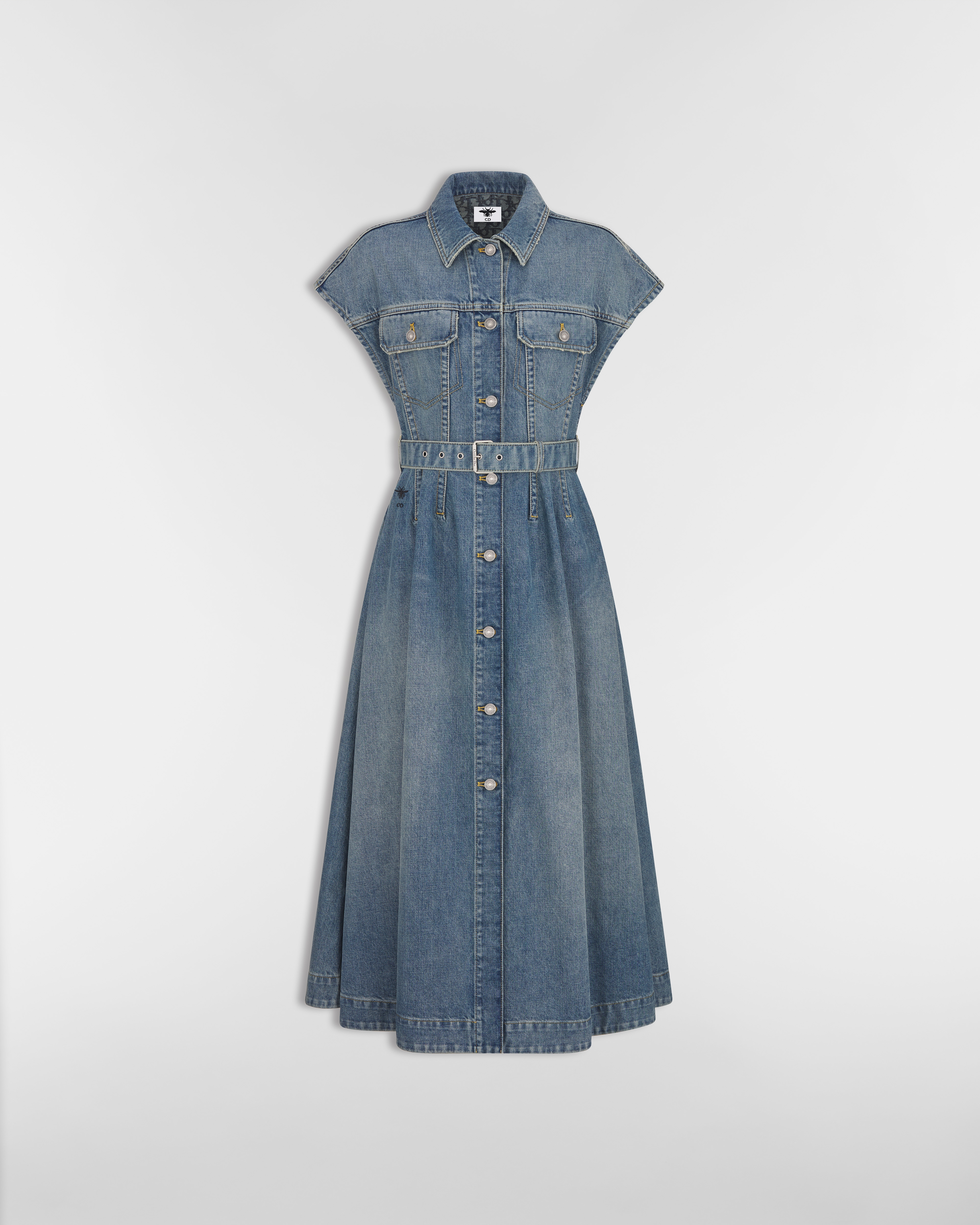 Robe mi-longue évasée Denim de coton délavé bleu à intérieur Dior Oblique E01