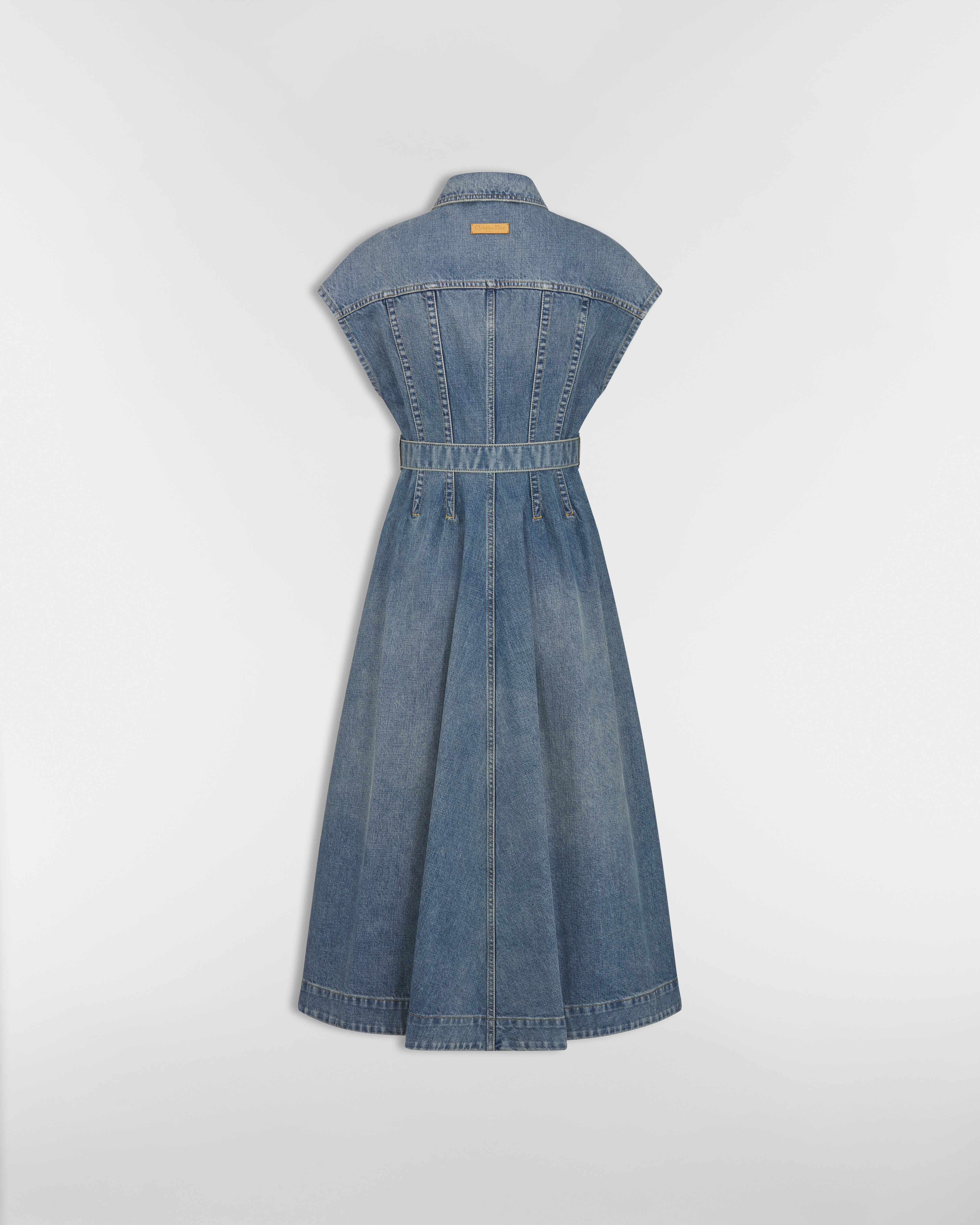 Robe mi-longue évasée Denim de coton délavé bleu à intérieur Dior Oblique E08
