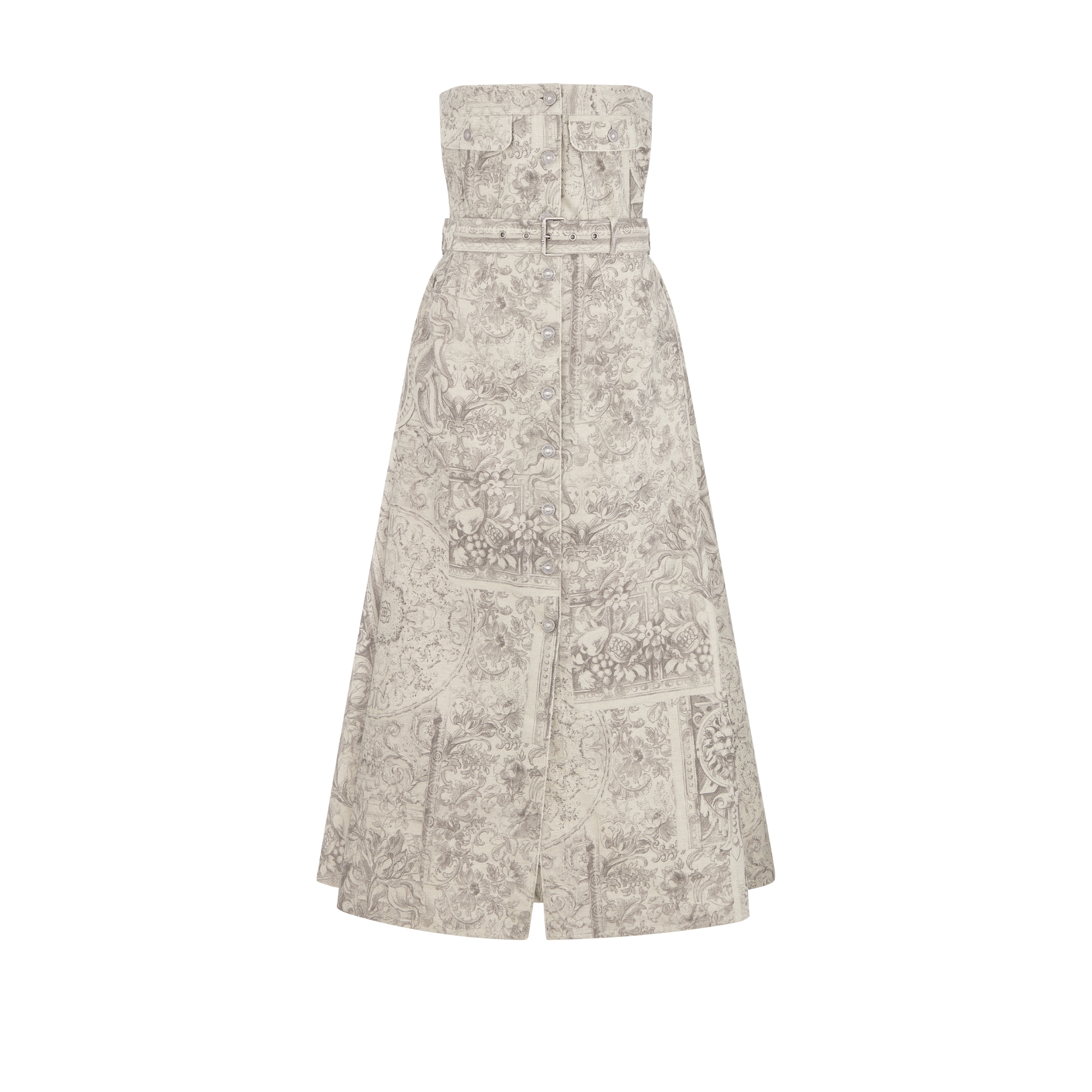Mid-Length Belted Bustier Dress Beige Dior Barocco Cotton-Linen Denim E01