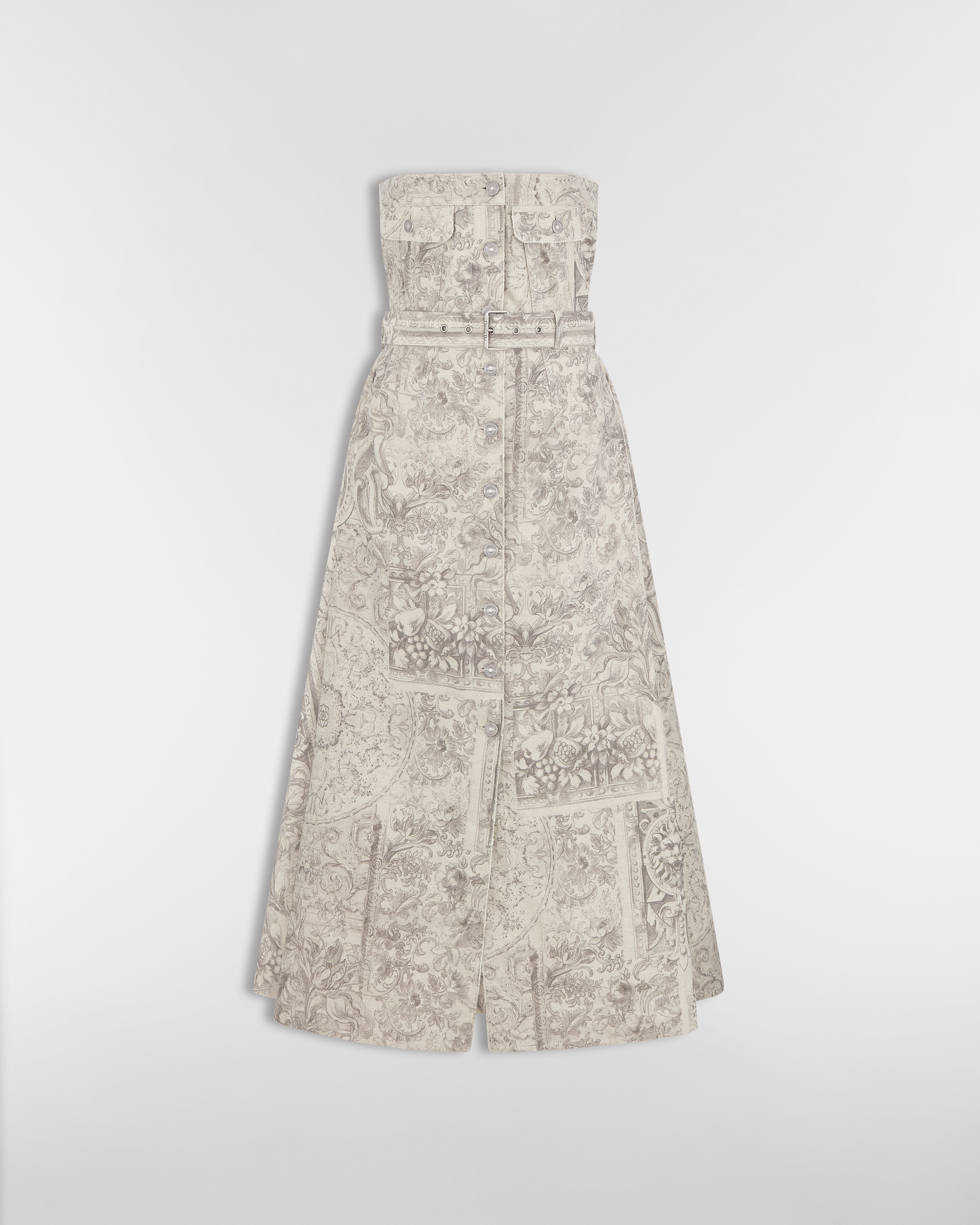 Robe bustier mi-longue ceinturée Denim de coton et lin à motif Dior Barocco beige E01