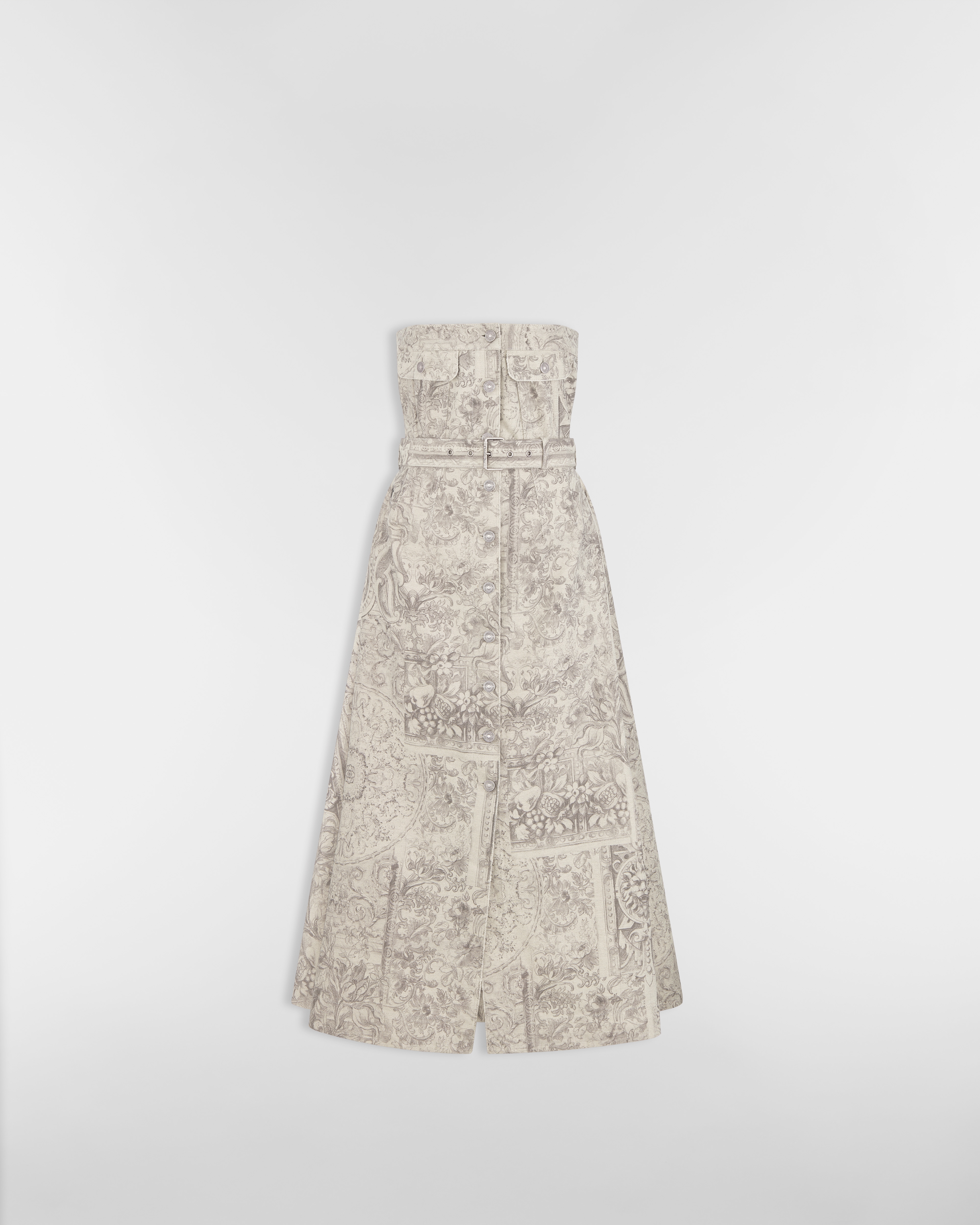 Mid-Length Belted Bustier Dress Beige Dior Barocco Cotton-Linen Denim E01