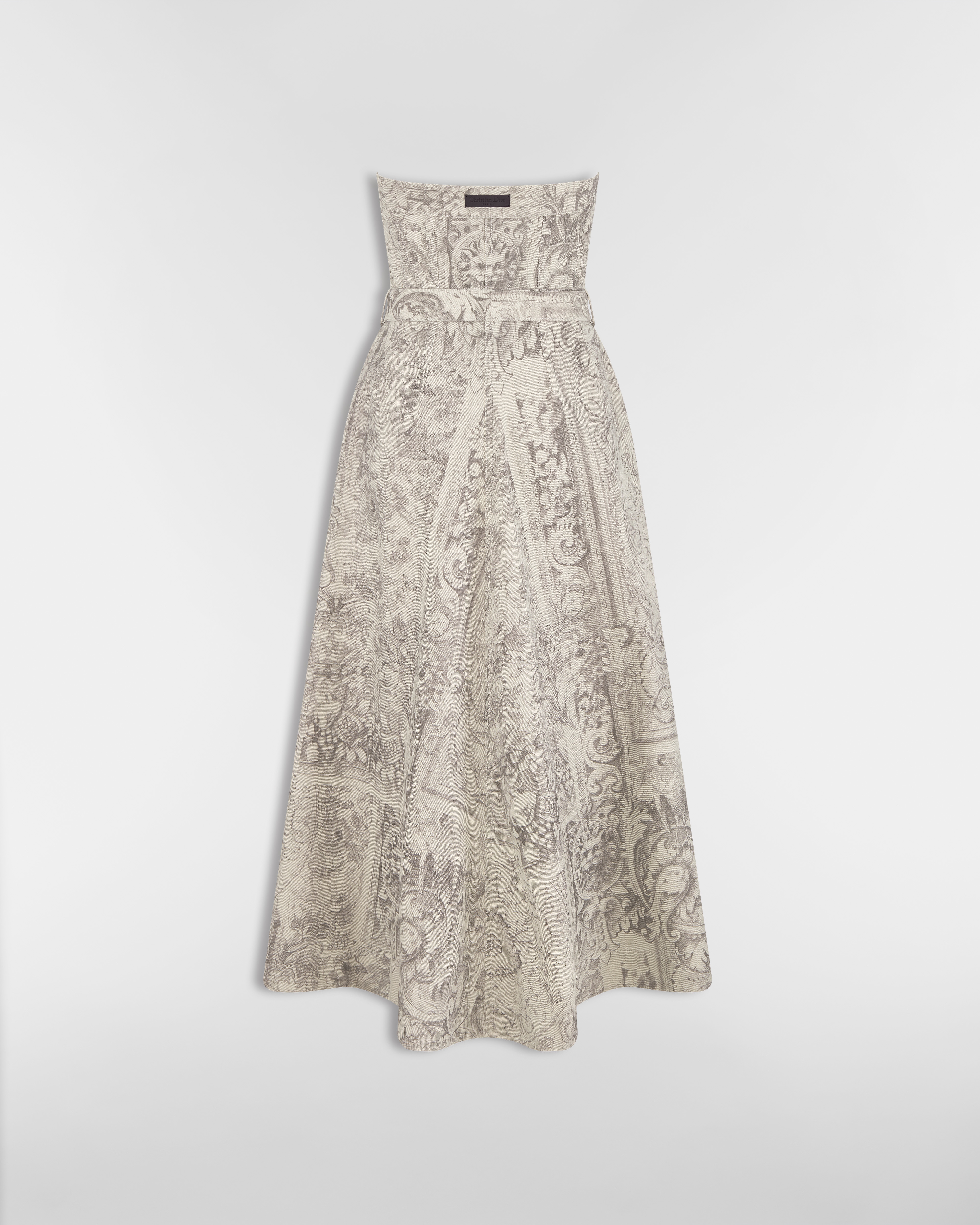 Mid-Length Belted Bustier Dress Beige Dior Barocco Cotton-Linen Denim E08