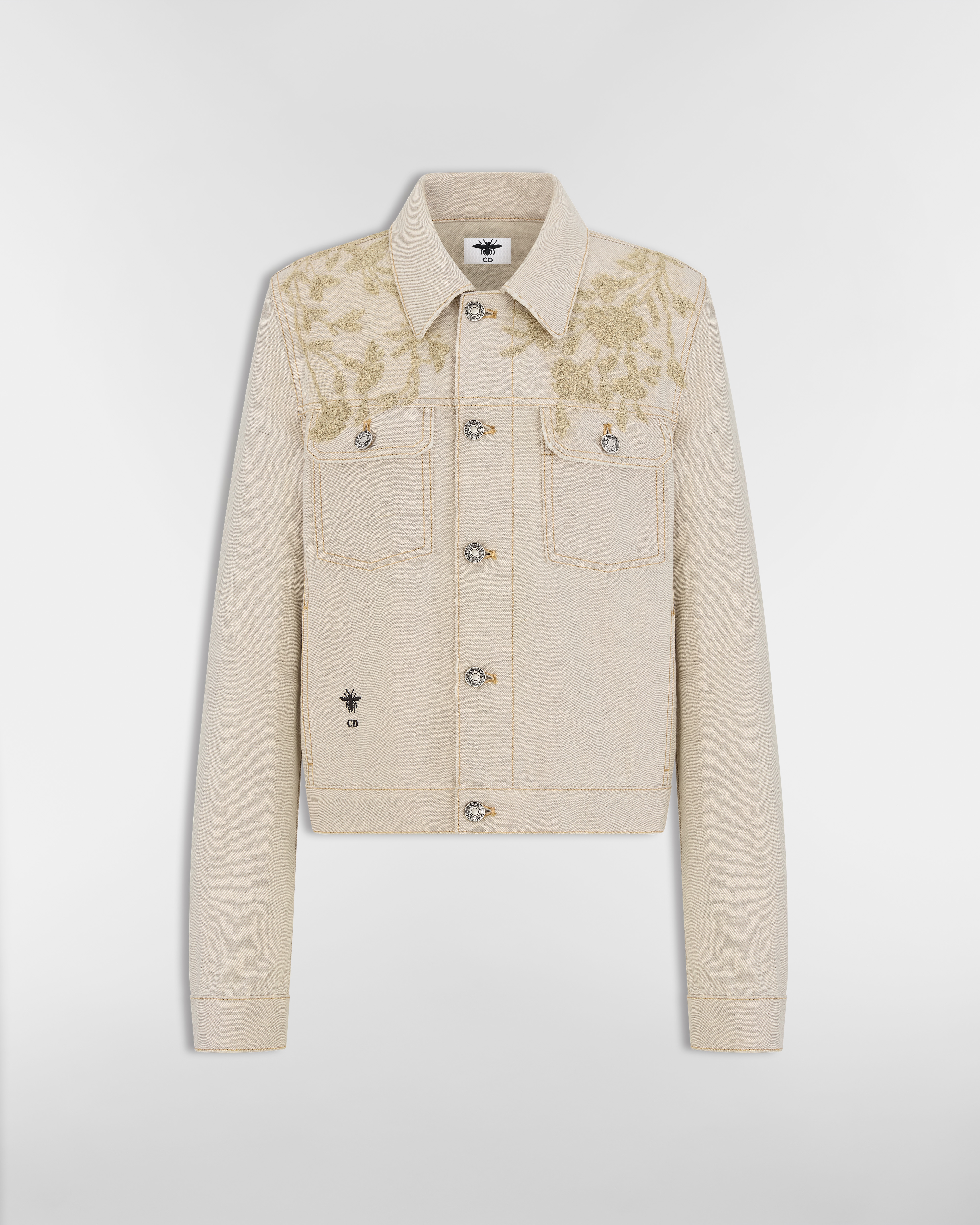 Jacke Baumwolldenim und Leinen in Beige und mit Millefiori-Spitze E01