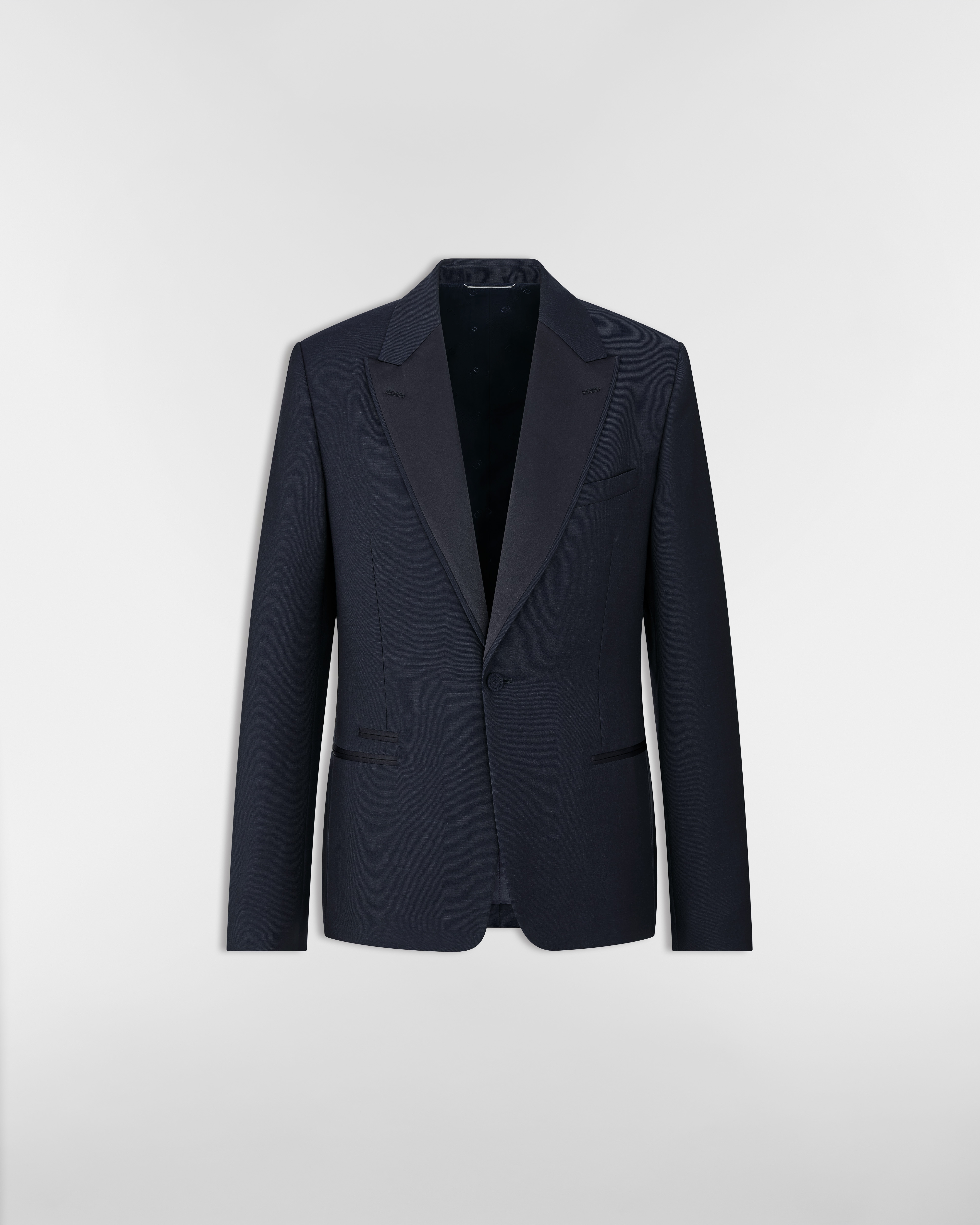 Jacket with Satin Detailing Blue Wool and Mohair Jacquard E01
