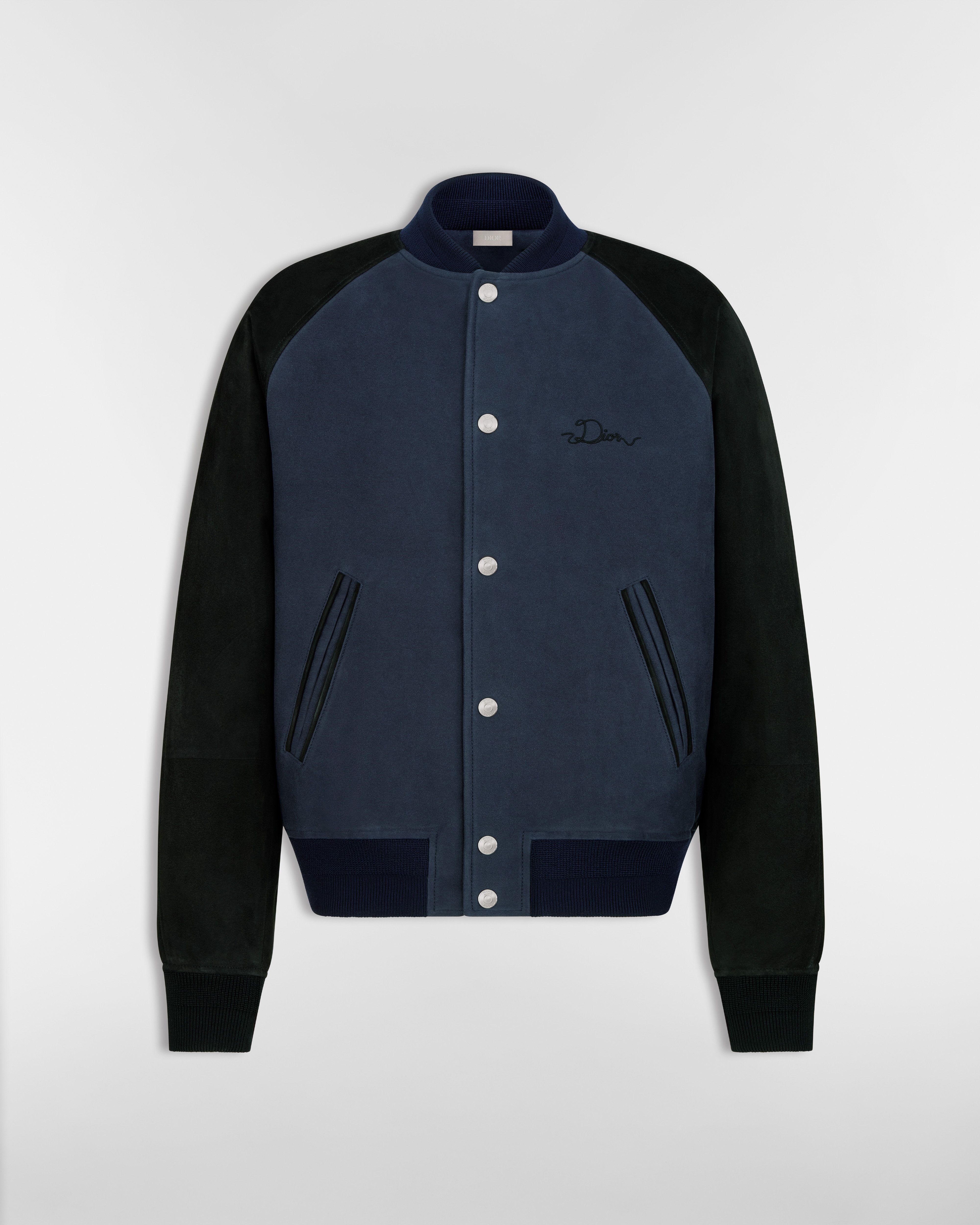 แจ็กเก็ตสไตล์ Varsity รุ่น Dior Ribbon หนังแกะแบบหนังกลับและผ้าฝ้ายสีน้ำเงิน E01