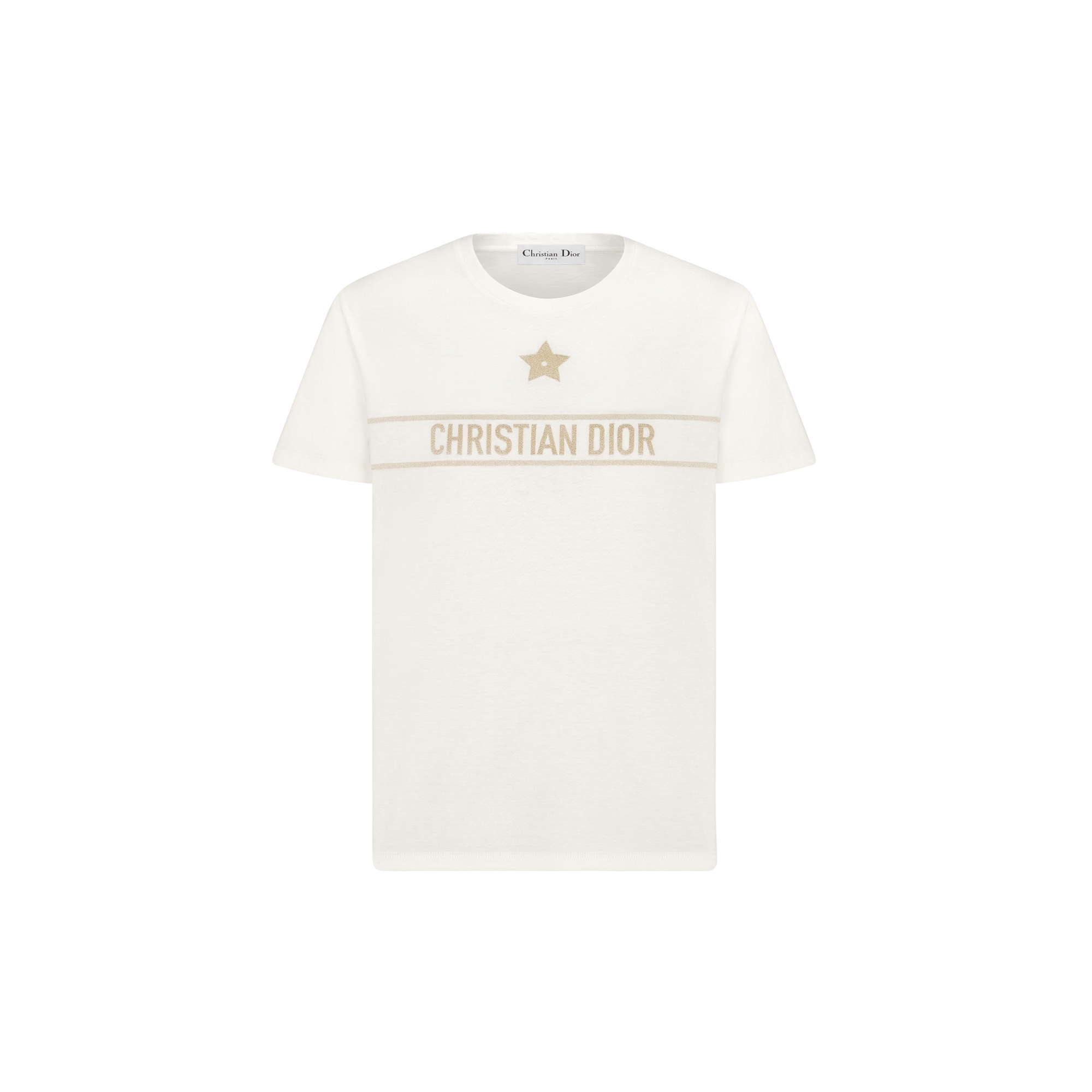 Embroidered T-Shirt Ecru and Gold-Tone Cotton-Blend Jersey E01