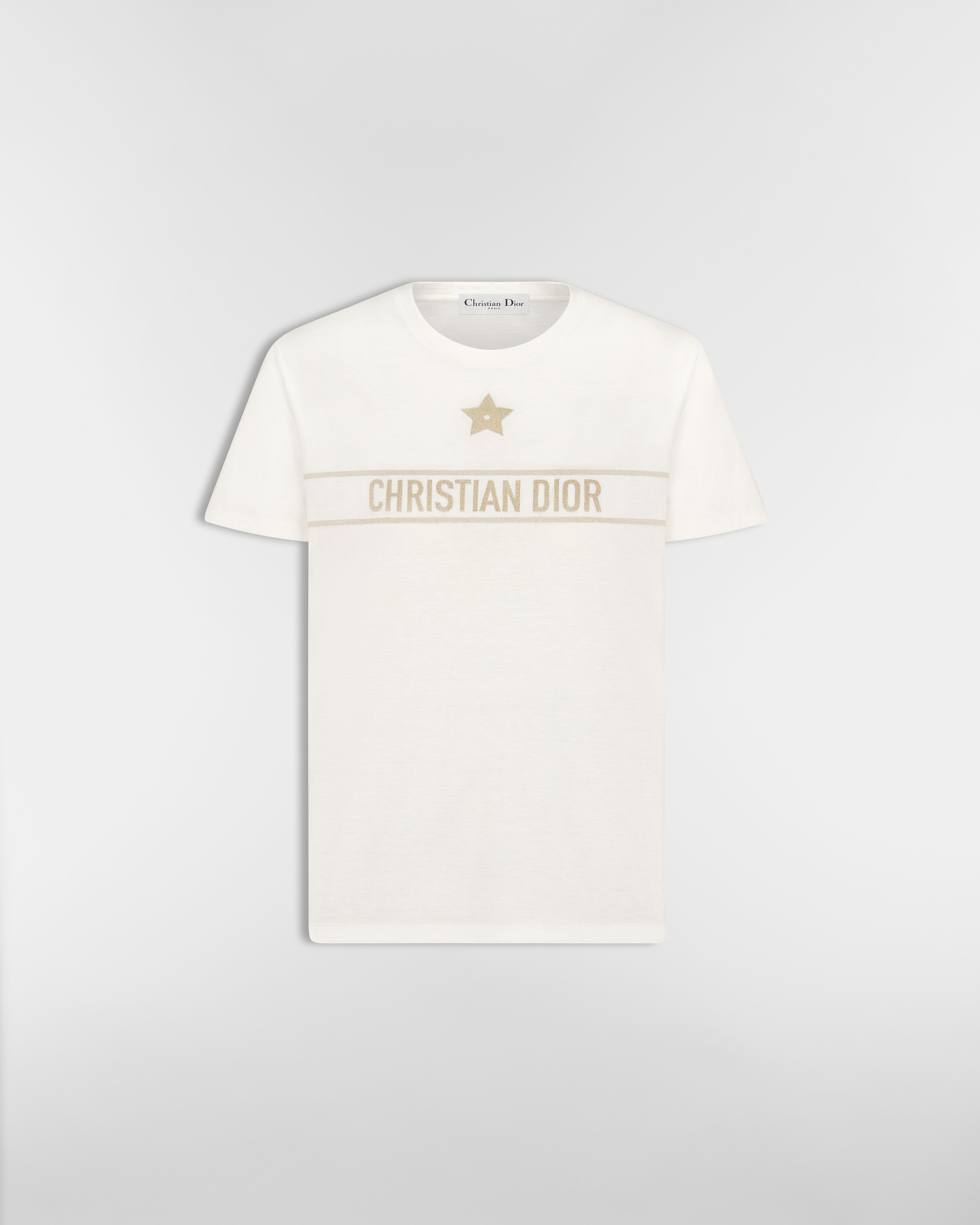 Embroidered T-Shirt Ecru and Gold-Tone Cotton-Blend Jersey E01