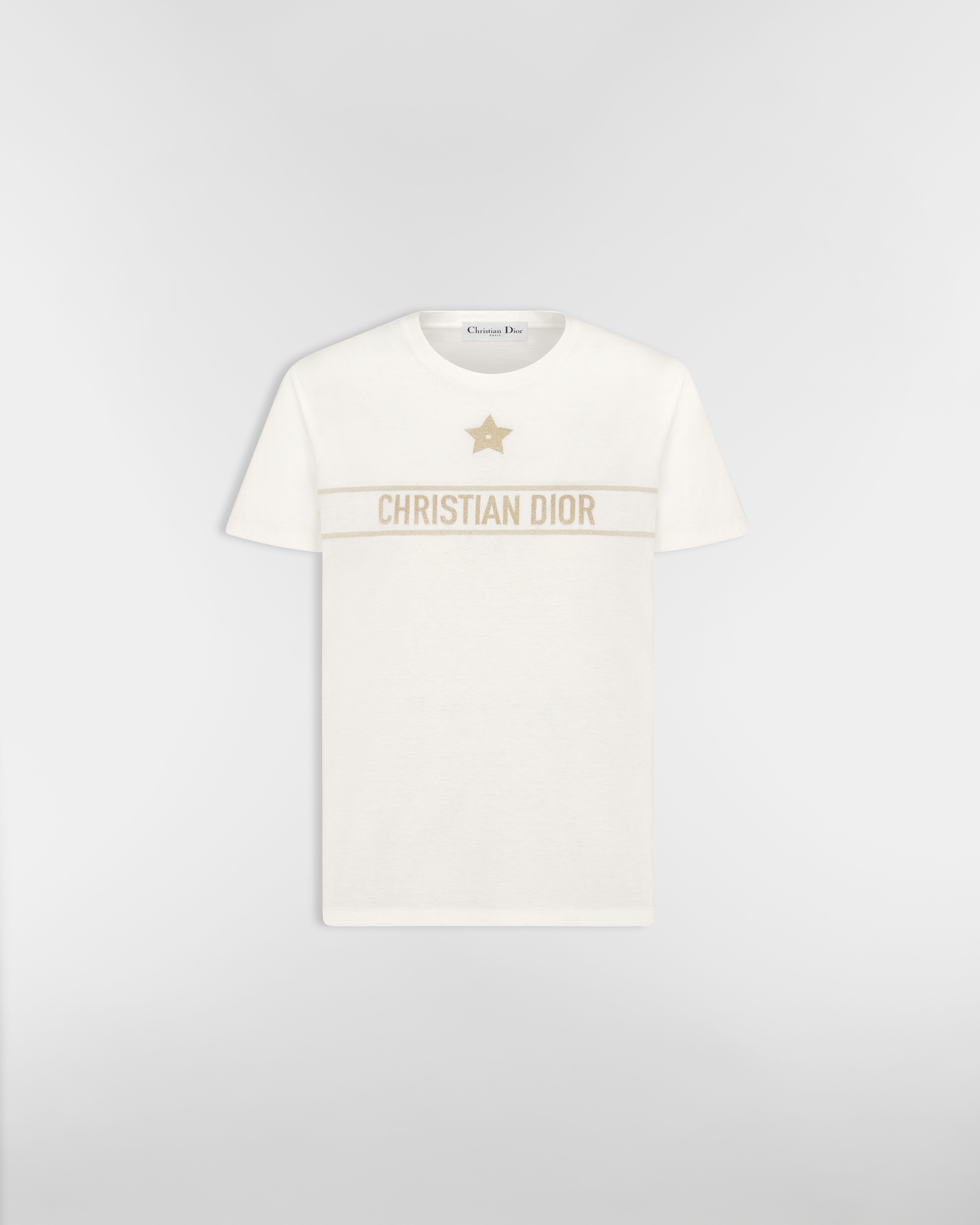 Besticktes T-Shirt Jersey aus Baumwollmischung in Ecru und Goldfarbe E01