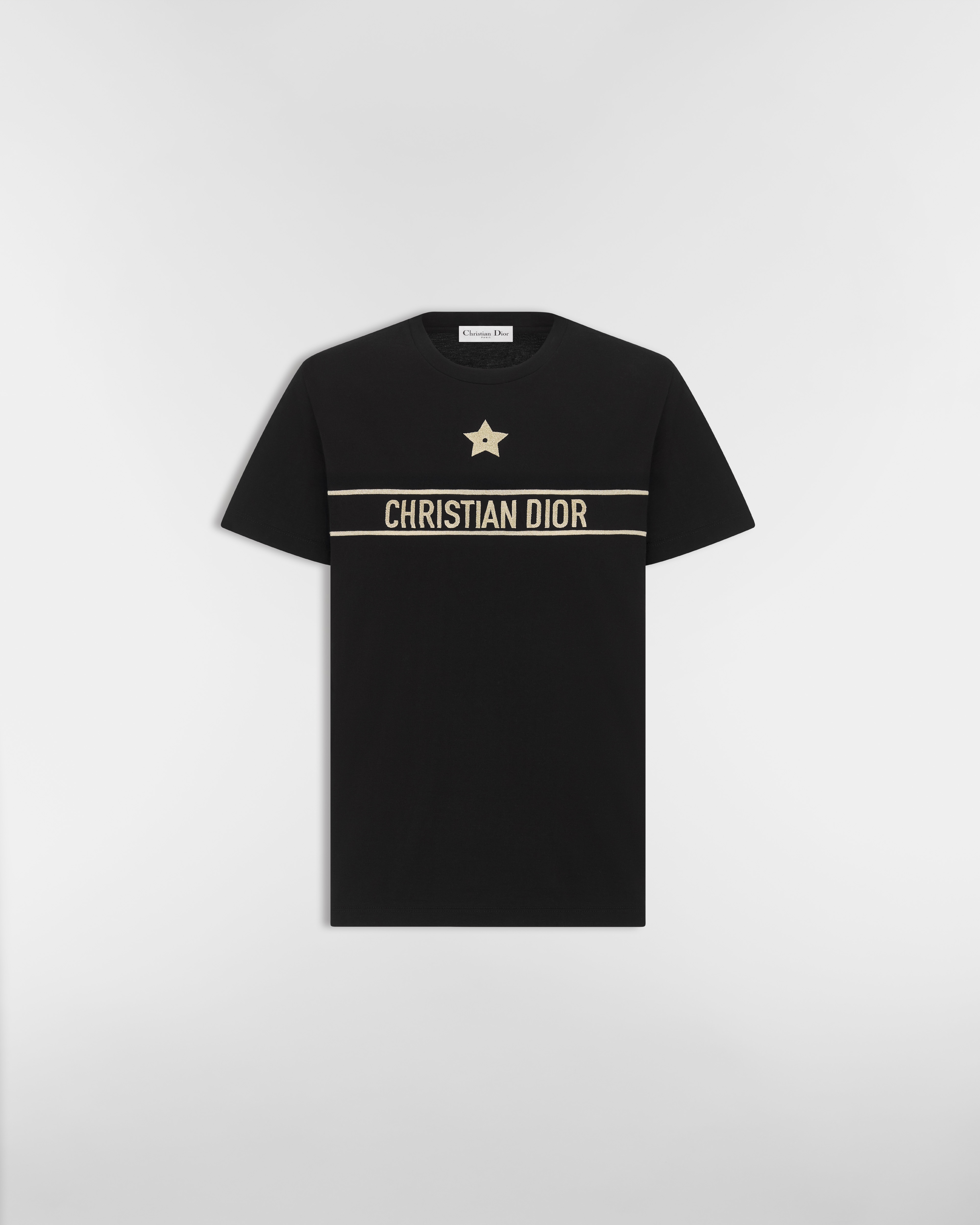 Embroidered T-Shirt Black and Gold-Tone Cotton-Blend Jersey E01