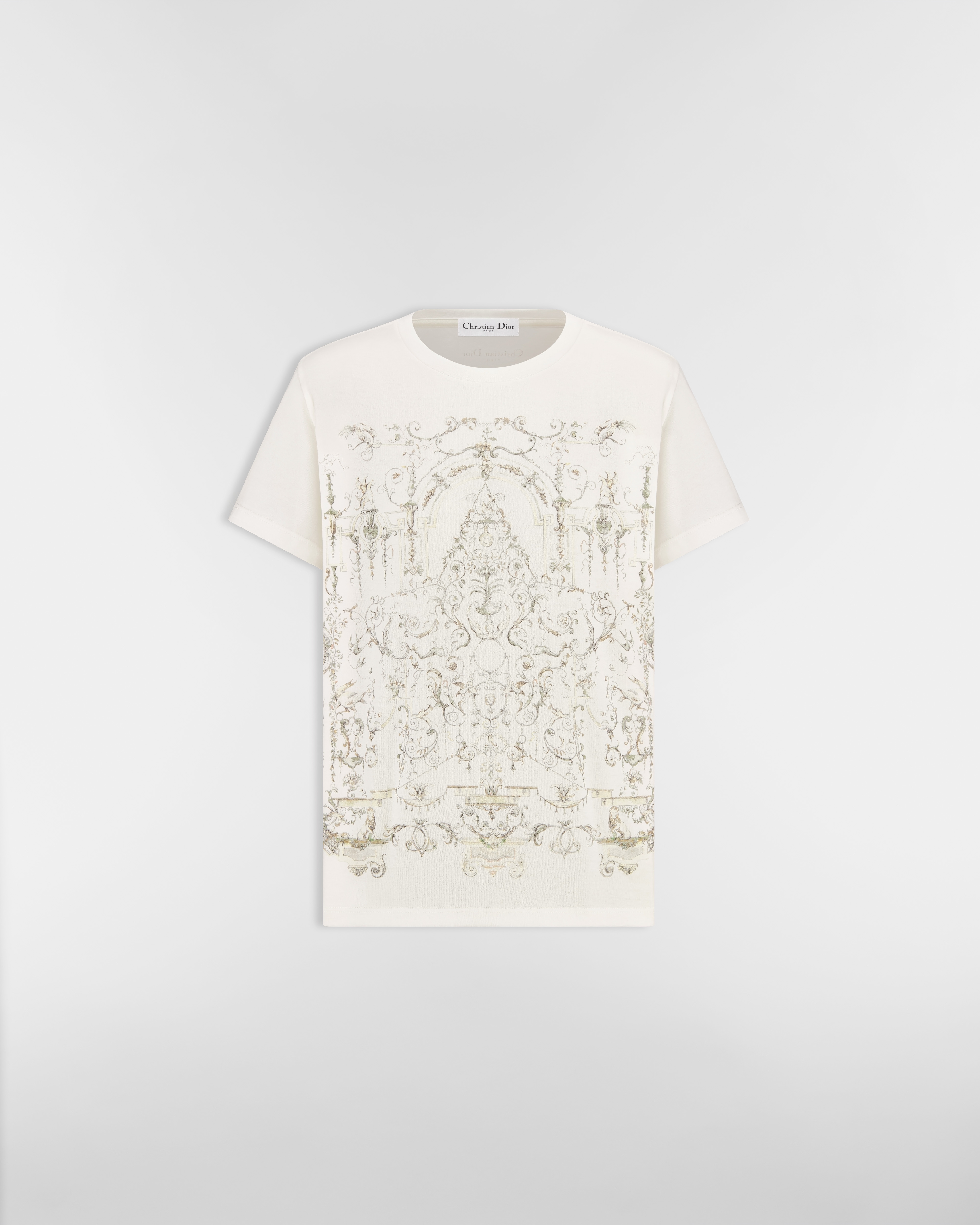 تيشيرت قماش الجيرسيه القطني باللون الأبيض مع نمط ديوريسك ستيلا متعدد الألوان E01