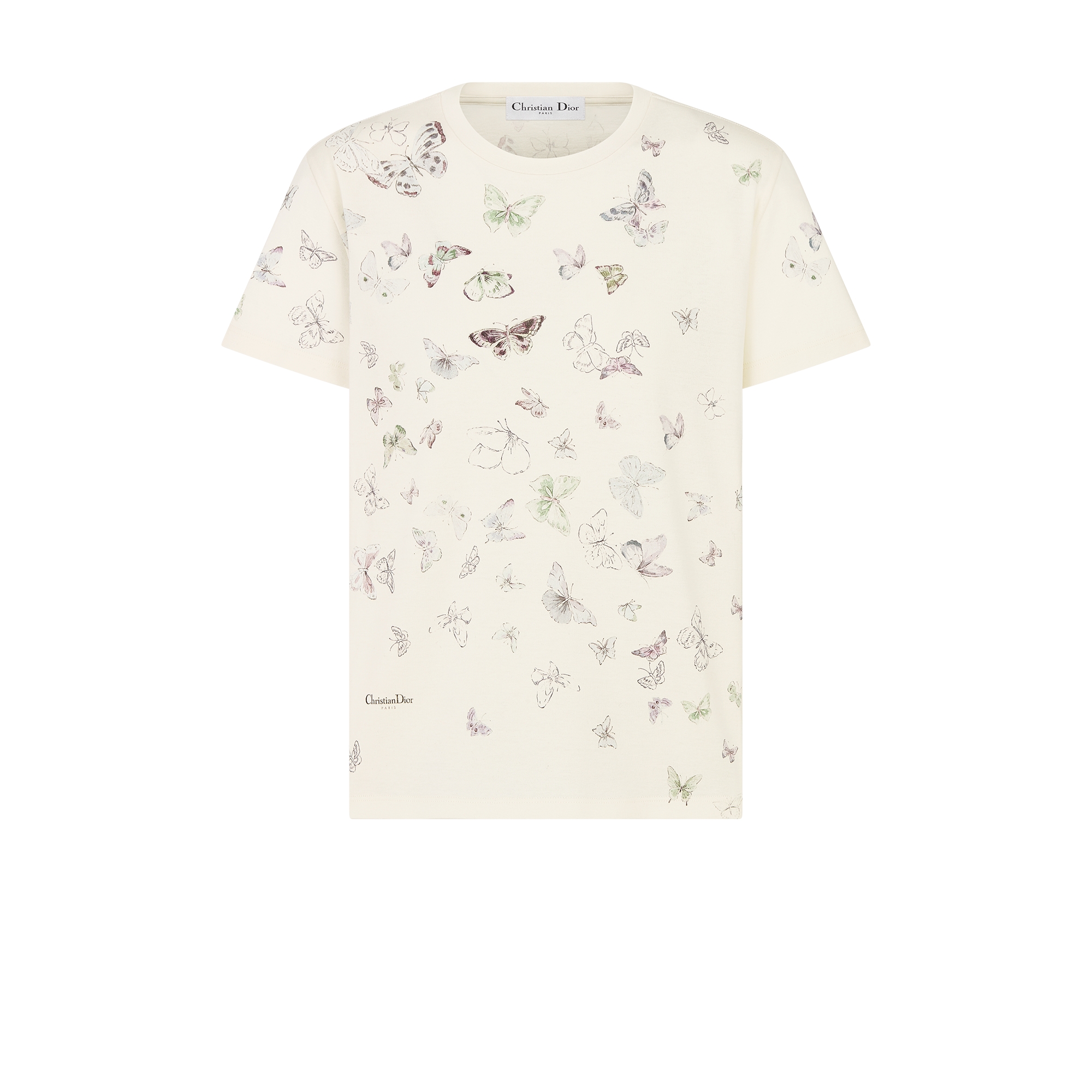 T-Shirt Beige Cotton Jersey with Multicolor Dioresque Butterfly Motif E01