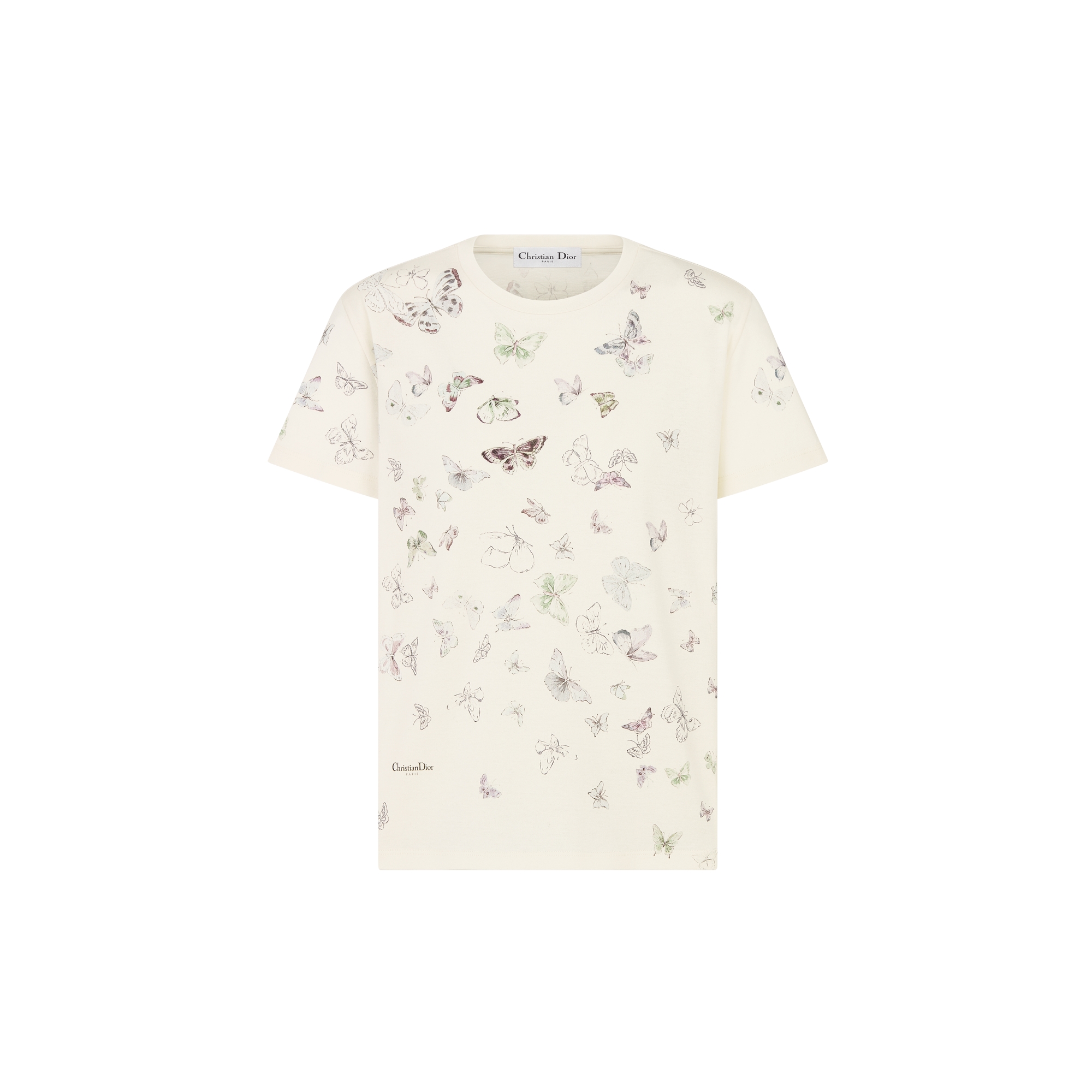 T-Shirt Beige Cotton Jersey with Multicolor Dioresque Butterfly Motif E01