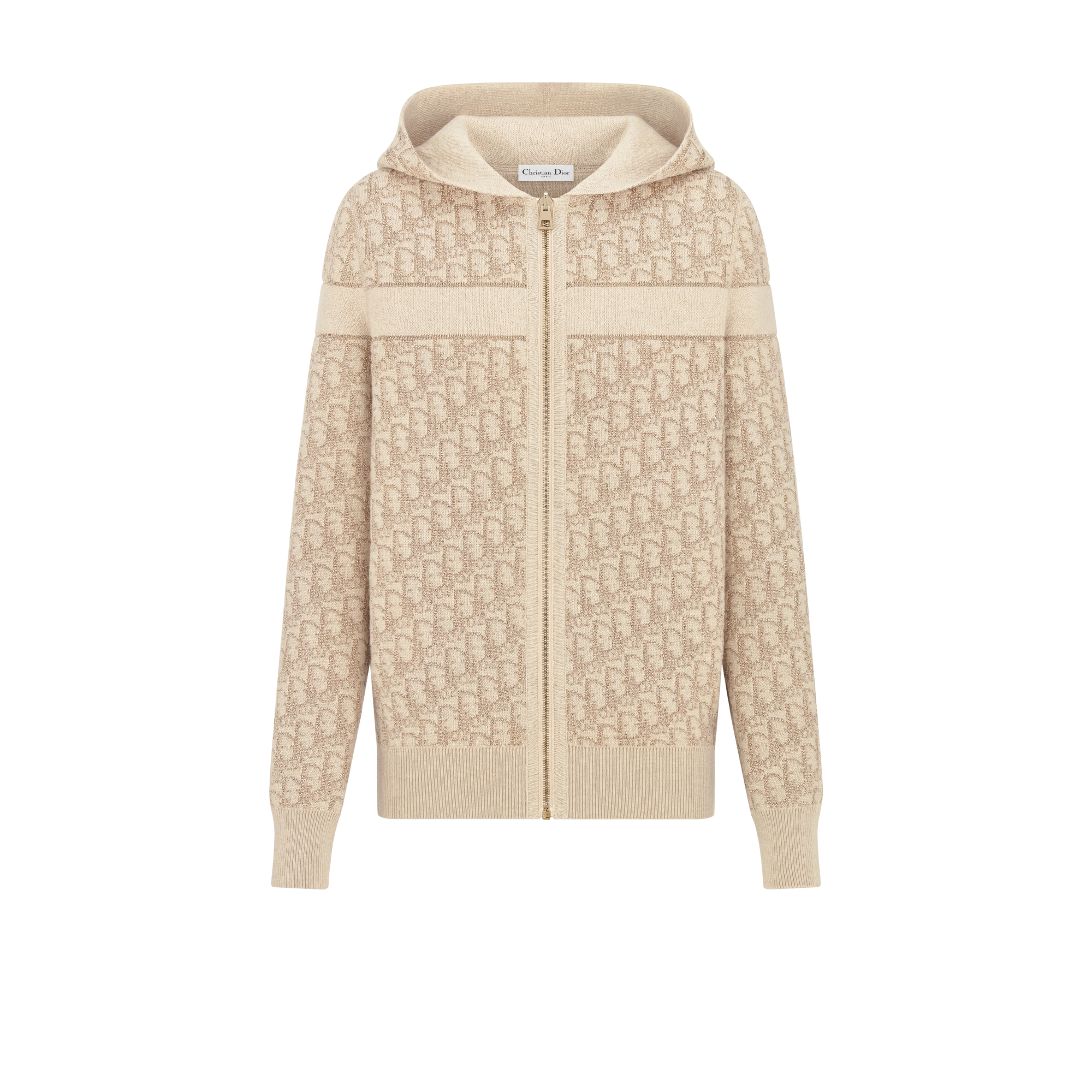 Cardigã reversível com zíper e capuz Malha com mescla de cashmere metálica dourada com motivo Dior Oblique E01