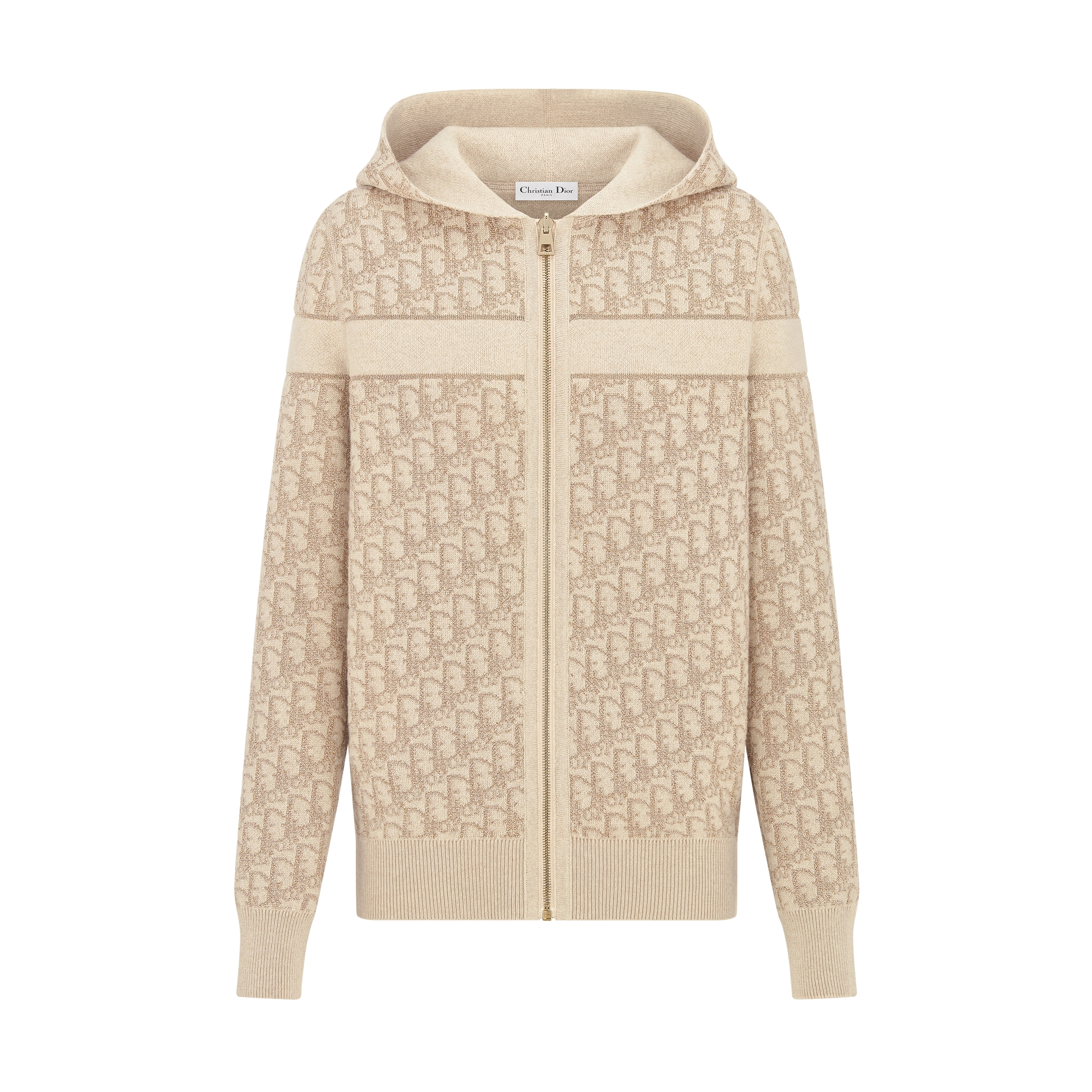 Reversible Zipped Cardigan with Hood Gold-Tone Metallic Cashmere-Blend Knit with Dior Oblique Motif E01