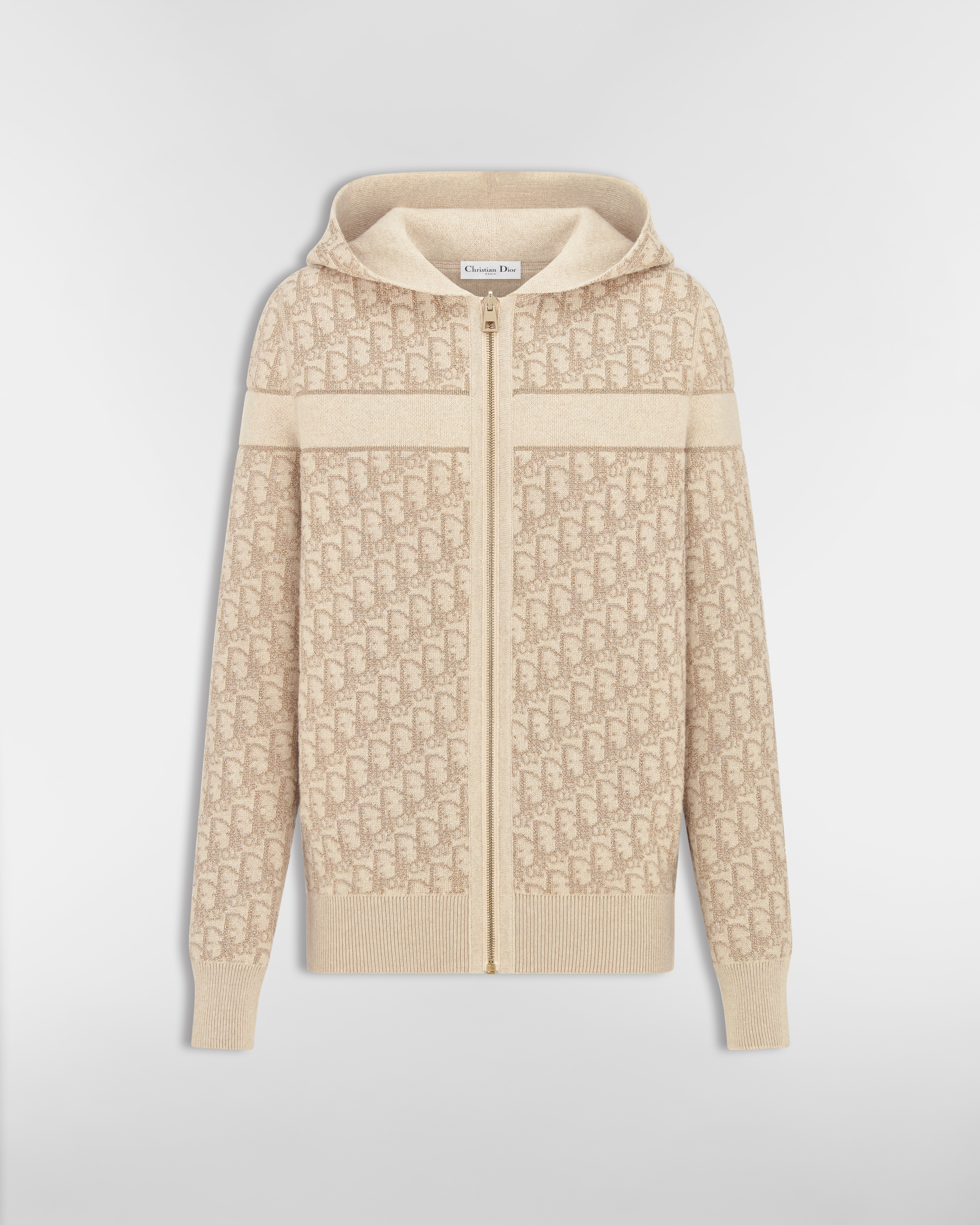 Reversible Zipped Cardigan with Hood Gold-Tone Metallic Cashmere-Blend Knit with Dior Oblique Motif E01