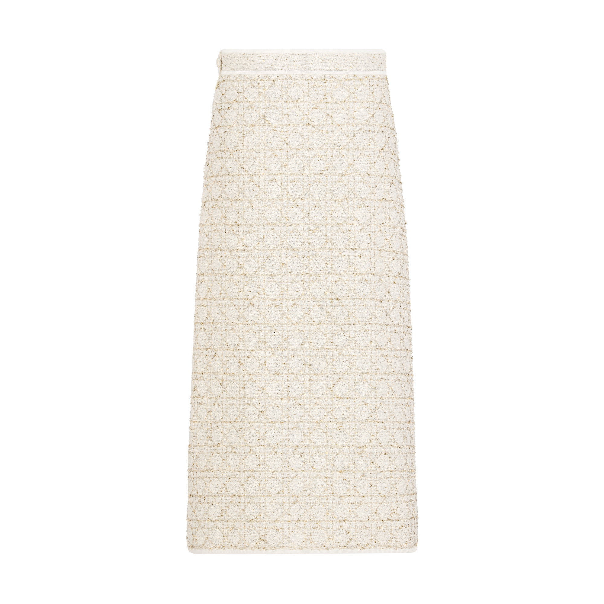 Mid-Length Macrocannage Straight Skirt White and Gold-Tone Cotton-Blend Tweed Knit E08