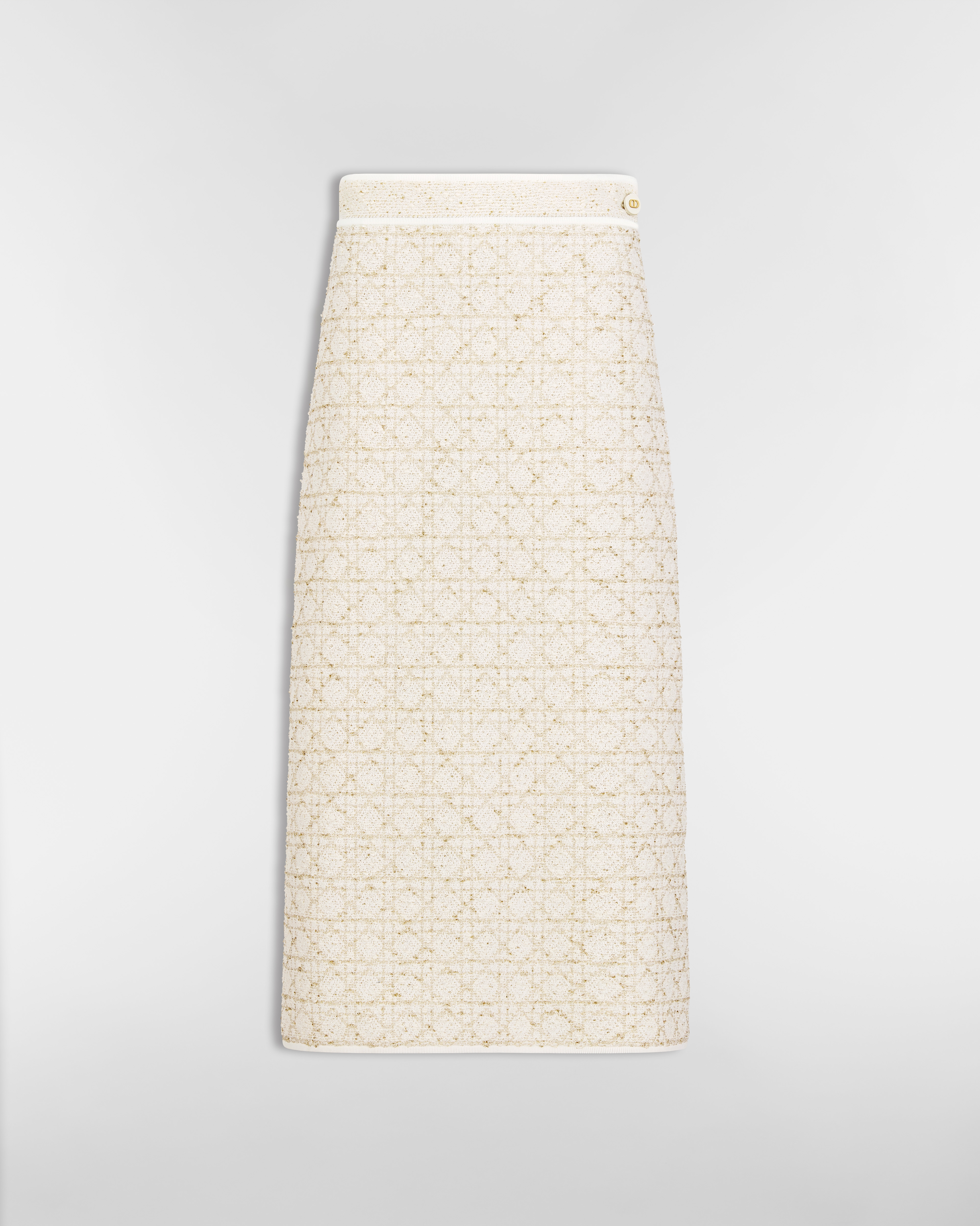 Jupe mi-longue droite Macrocannage Maille de tweed de coton mélangé blanc et doré E01