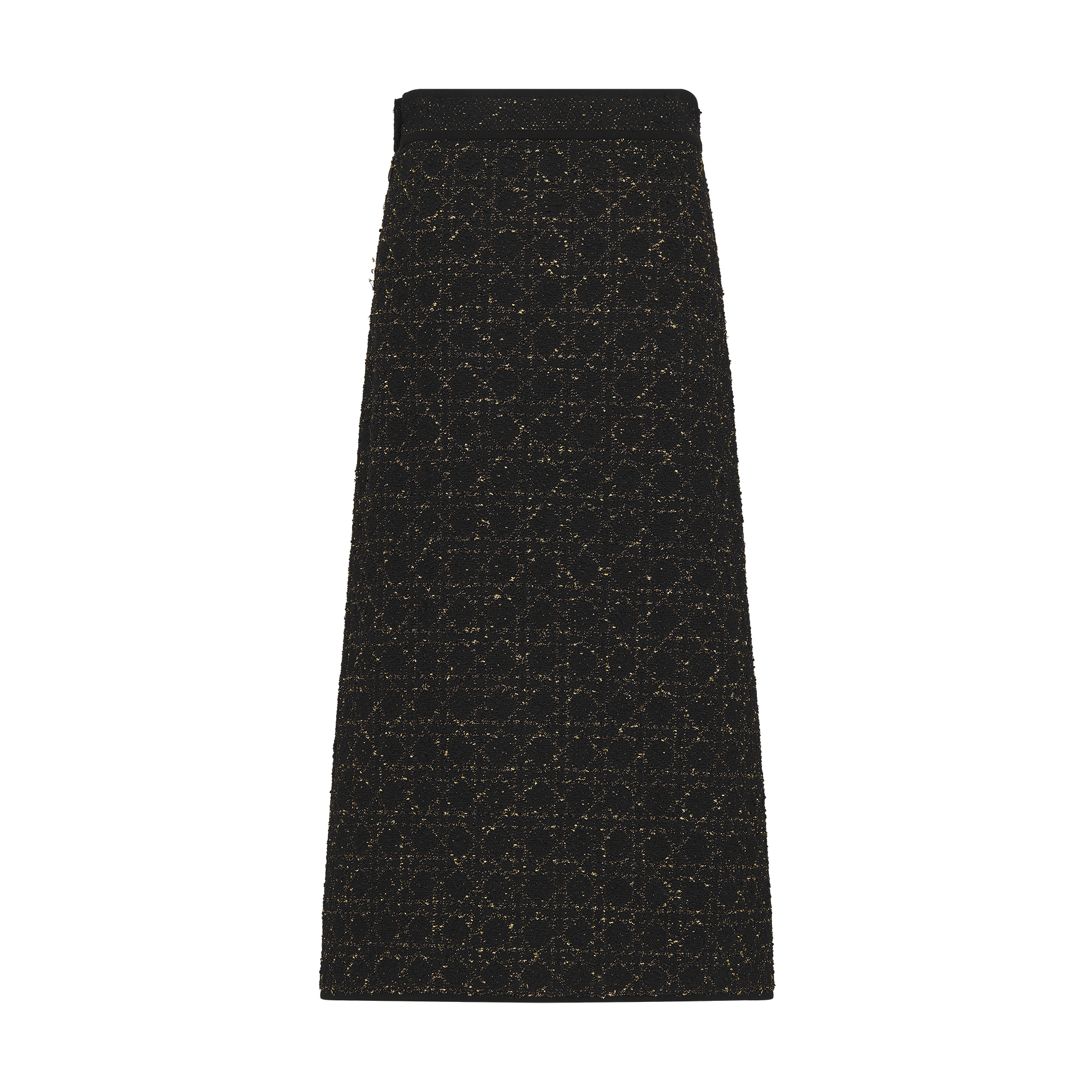 Mid-Length Macrocannage Straight Skirt Black and Gold-Tone Cotton-Blend Tweed Knit E08
