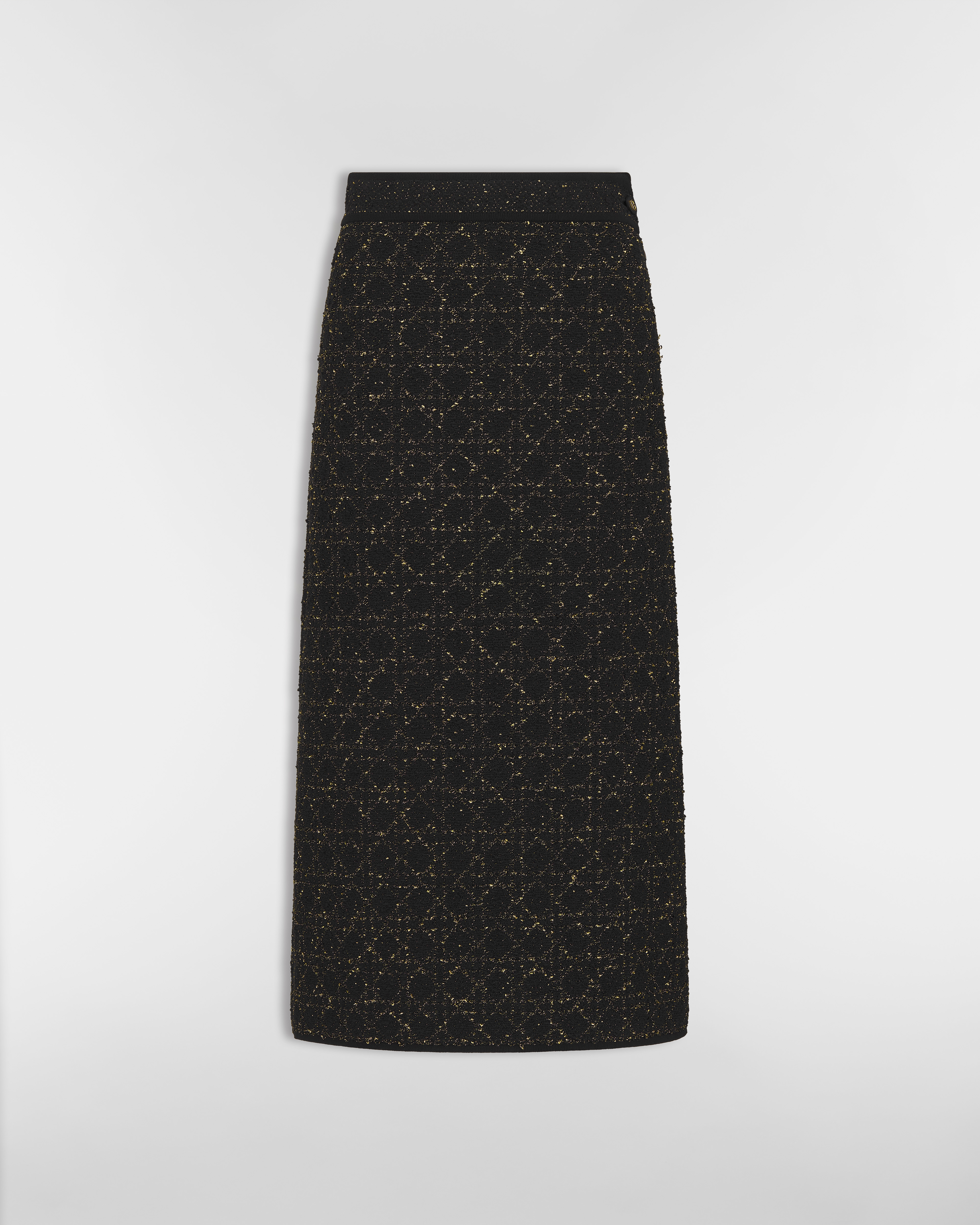 Jupe mi-longue droite Macrocannage Maille de tweed de coton mélangé noir et doré E01