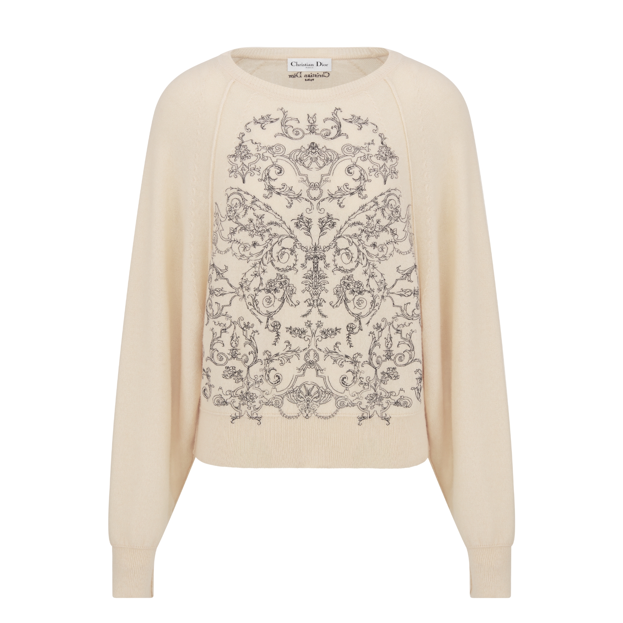 Pullover mit Stickerei Kaschmirstrick in Ecru mit Dioresque Butterfly Motiv in Schwarz E01