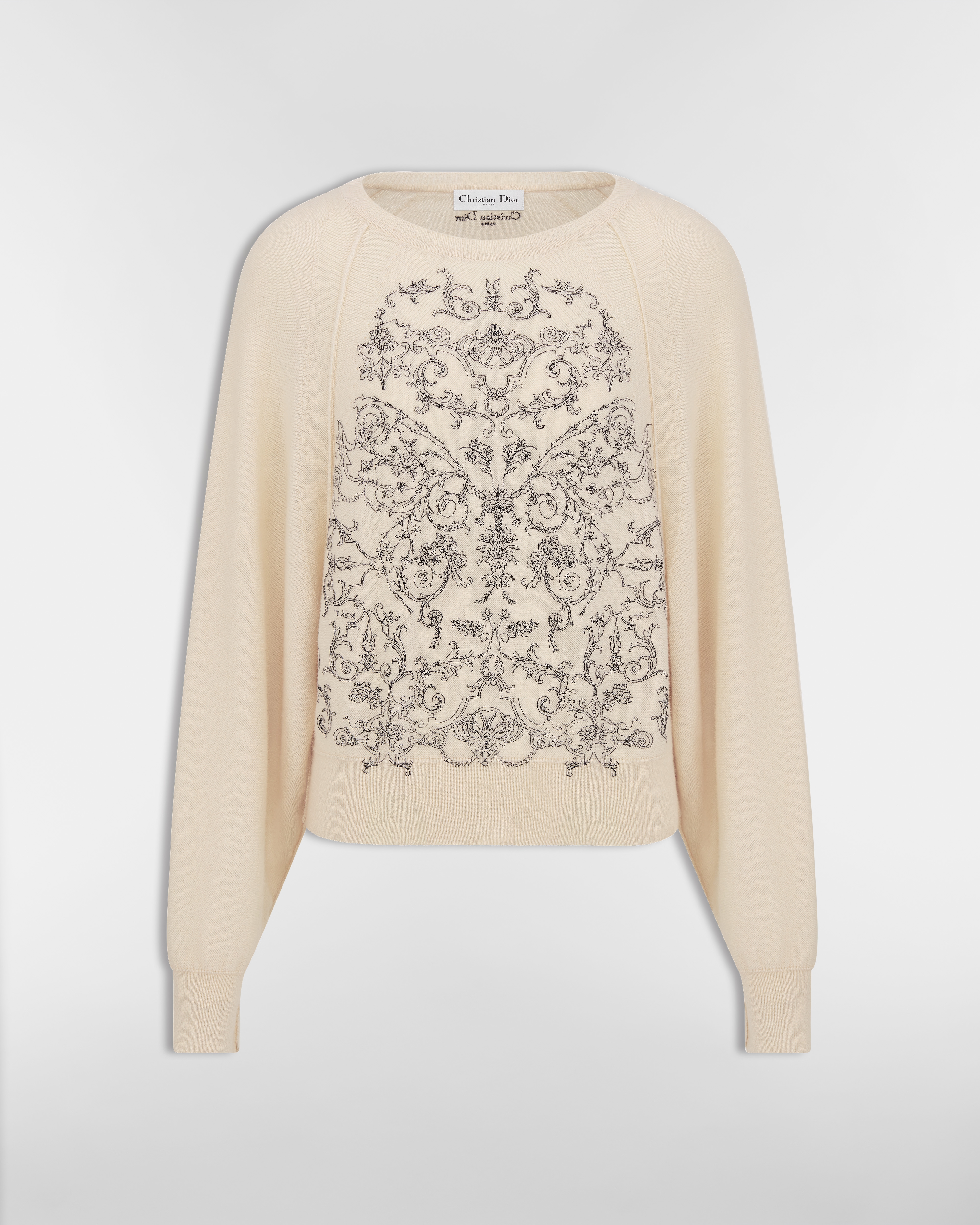 Pull brodé Maille de cachemire écru à motif Dioresque Butterfly noir E01