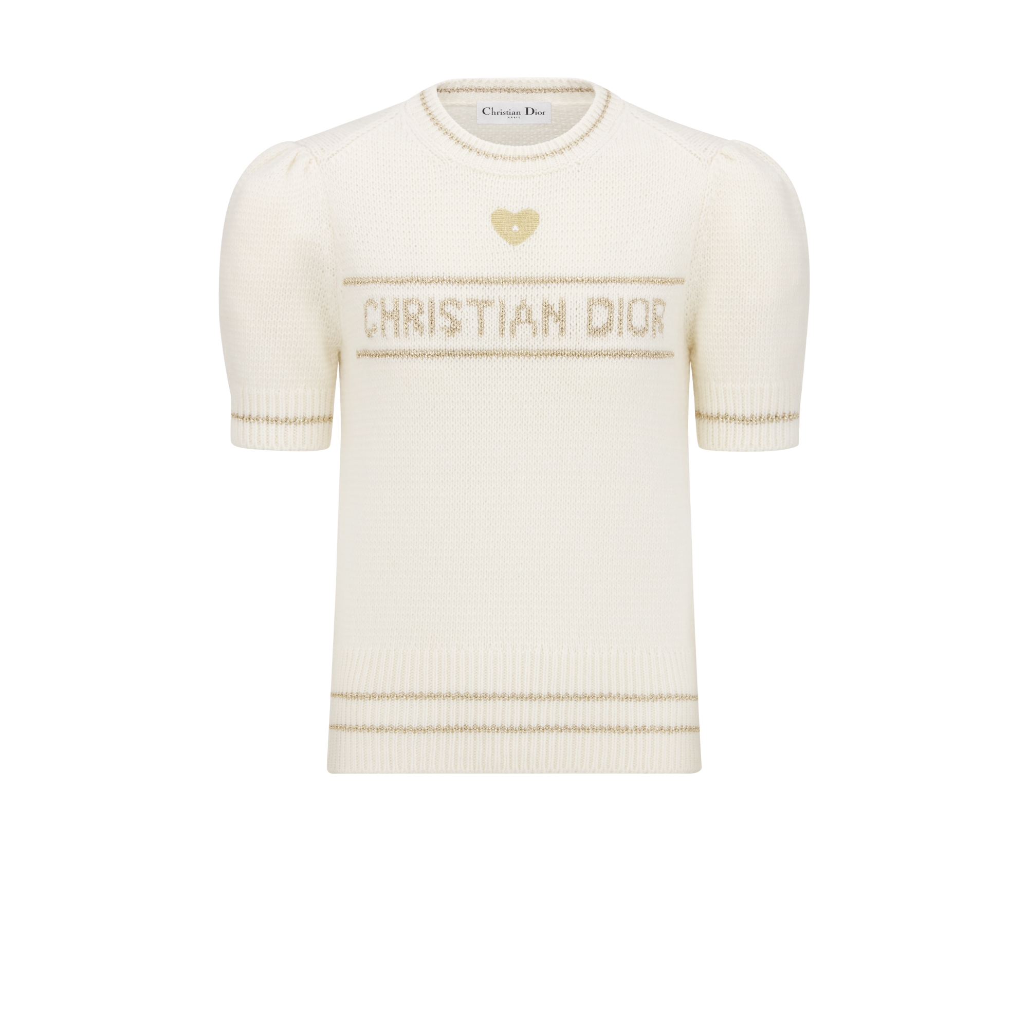 Short-Sleeved Sweater Ecru and Gold-Tone Virgin Wool-Cashmere-Blend Knit E01