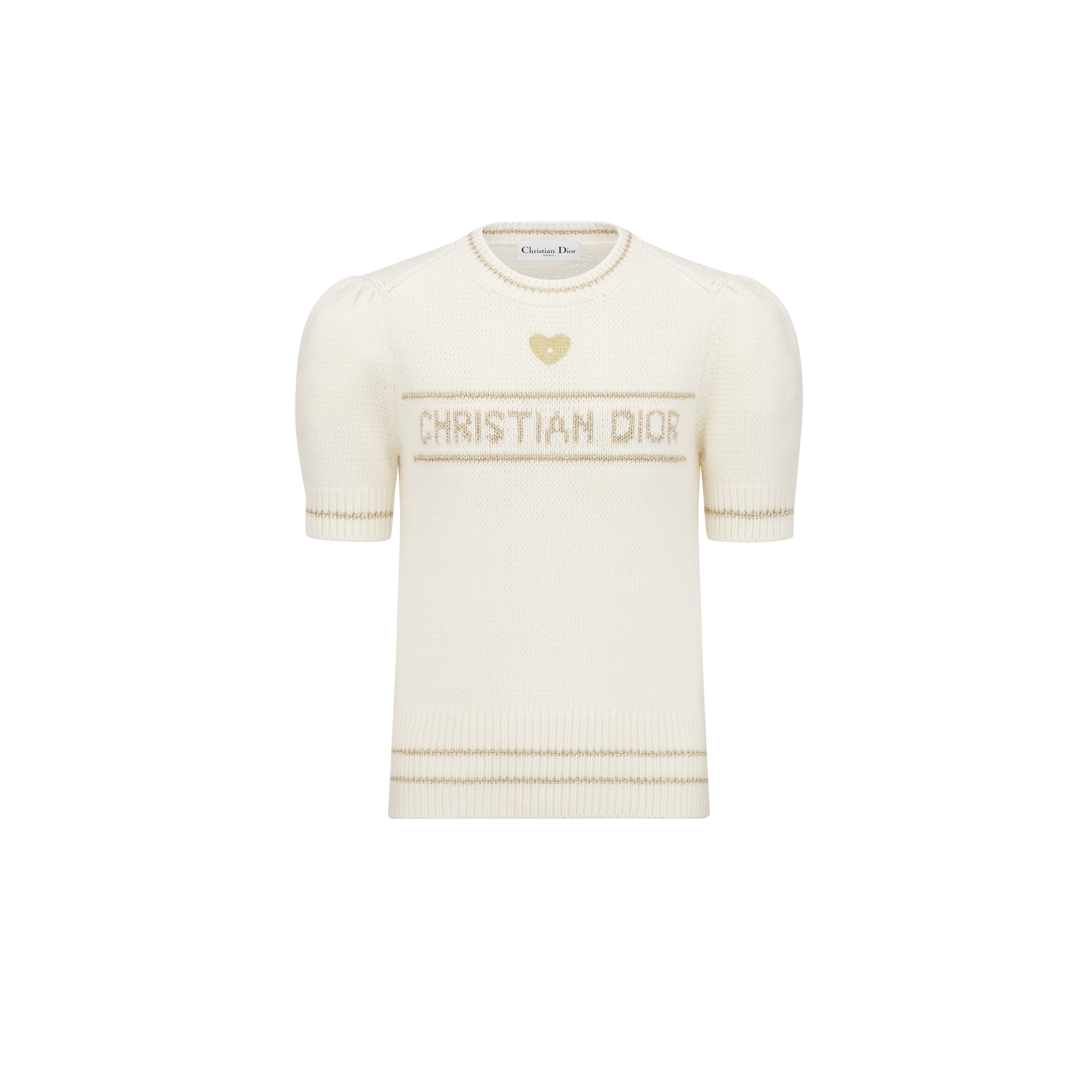 Short-Sleeved Sweater Ecru and Gold-Tone Virgin Wool-Cashmere-Blend Knit E01