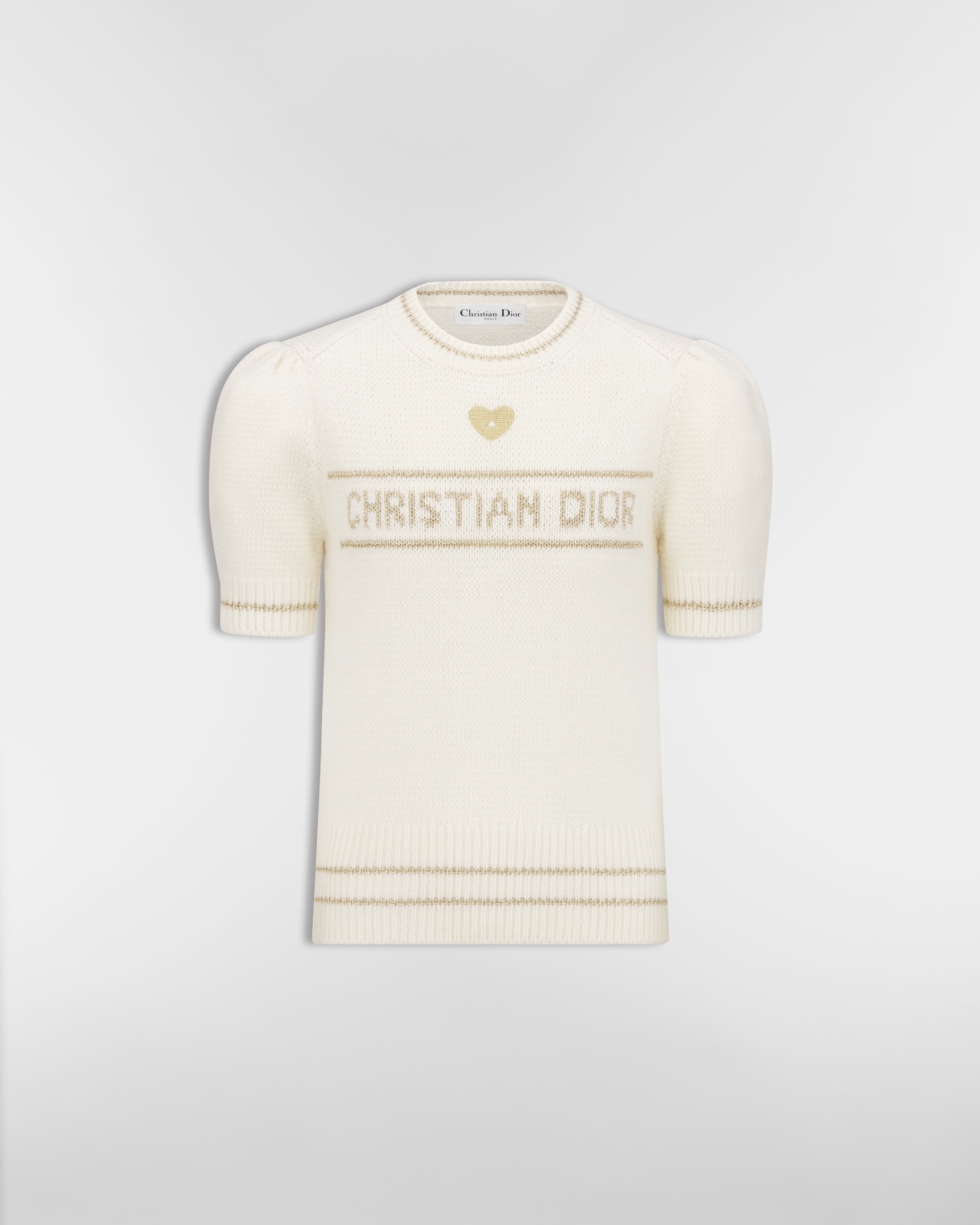 Pull à manches courtes Maille de laine vierge et cachemire mélangés écrus et dorés E01