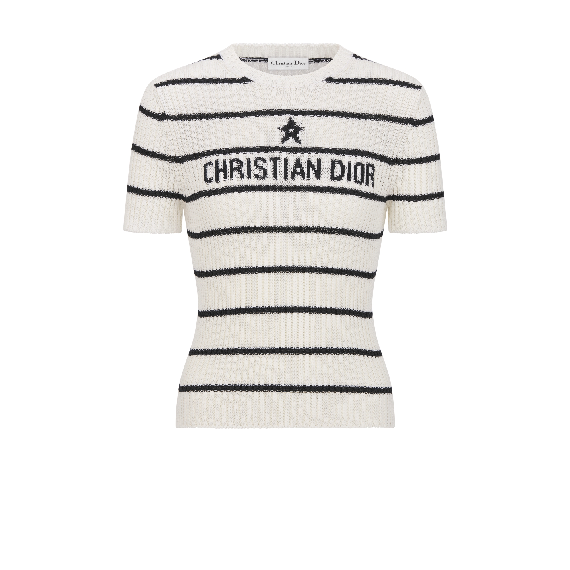 Dior Marinière Short-Sleeved Sweater Ecru and Navy Blue Ribbed Cotton Knit E01