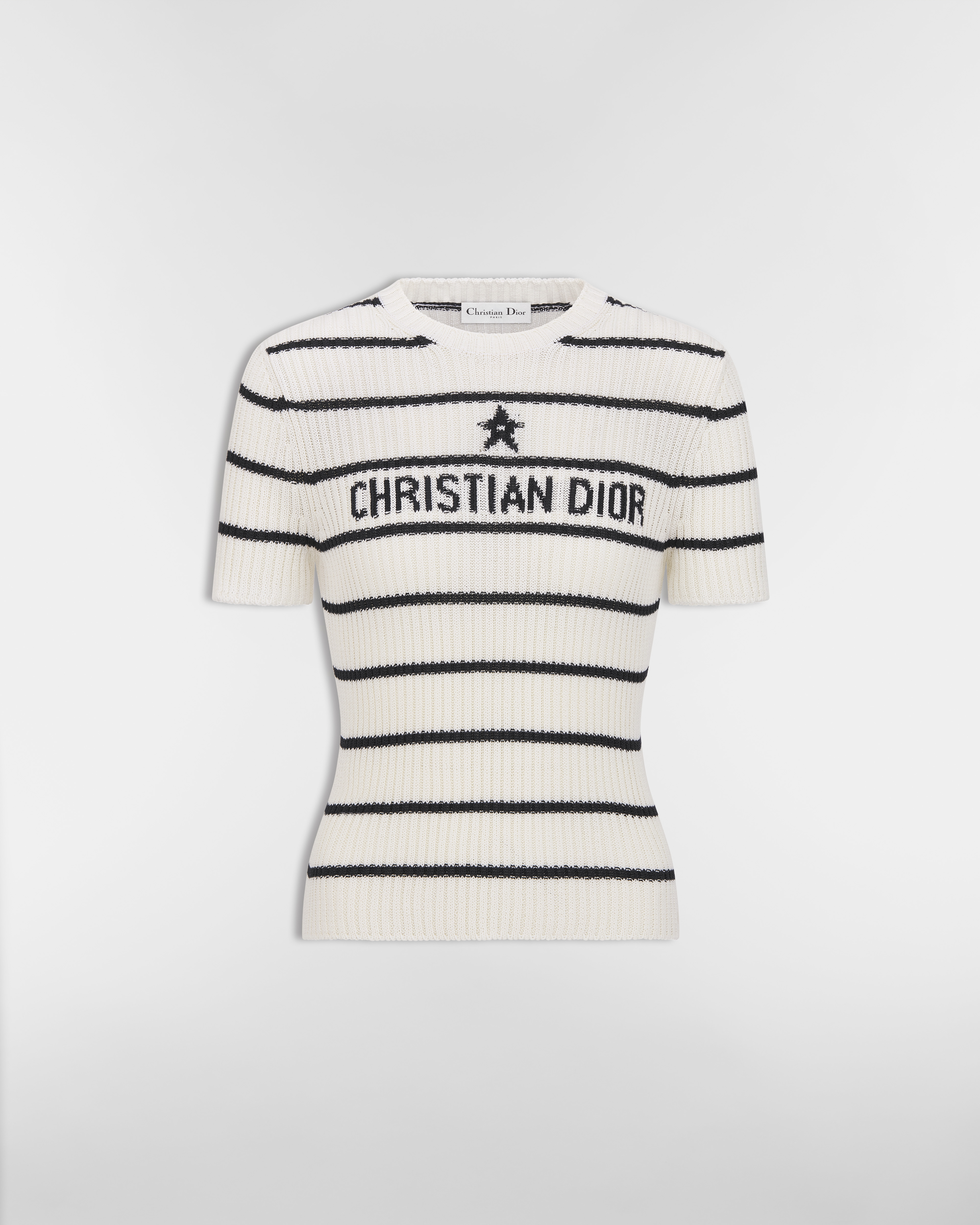 Pull à manches courtes Dior Marinière Maille côtelée de coton écru et bleu marine E01