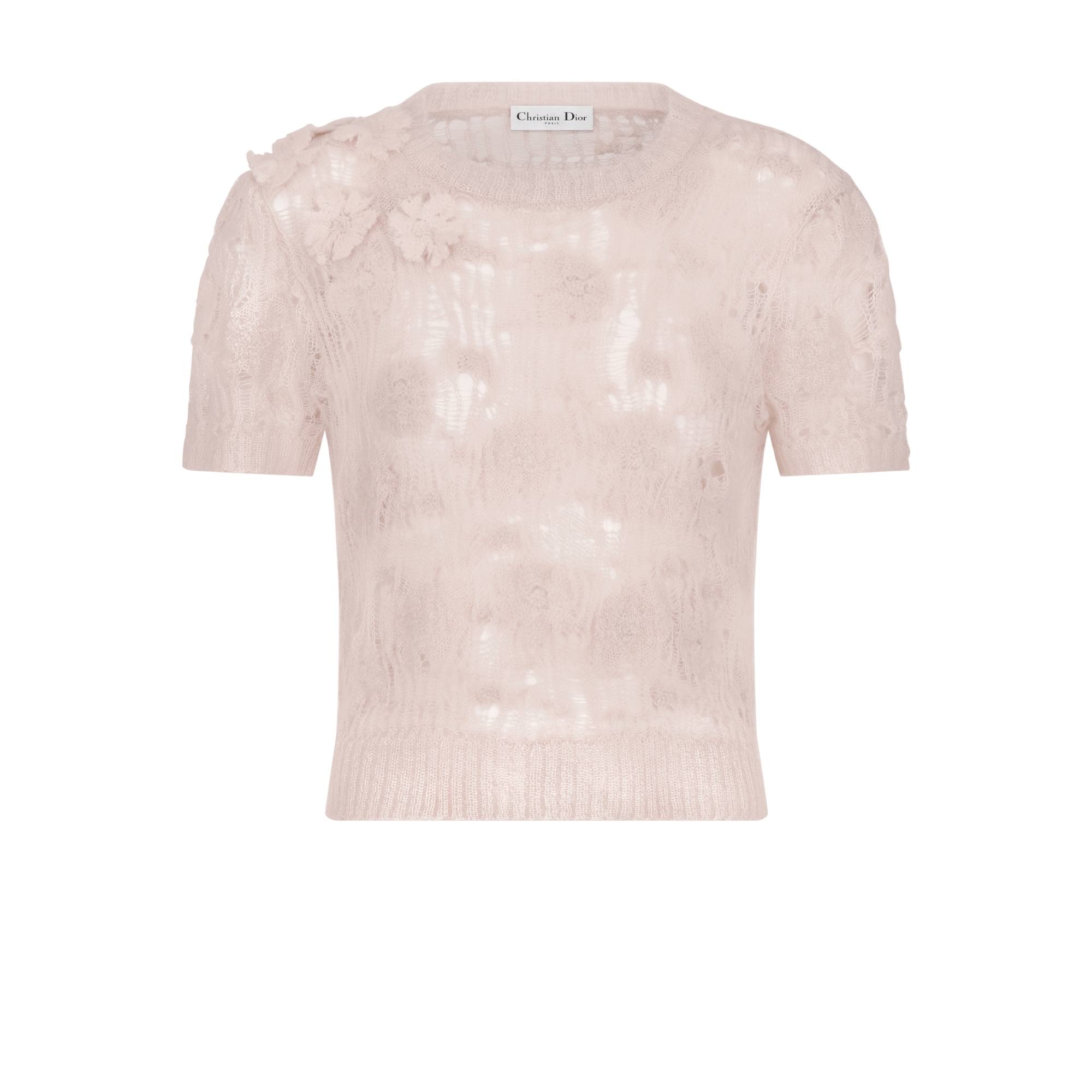 Short-Sleeved Sweater Pink Openwork Silk-Mohair-Alpaca-Blend Knit E01