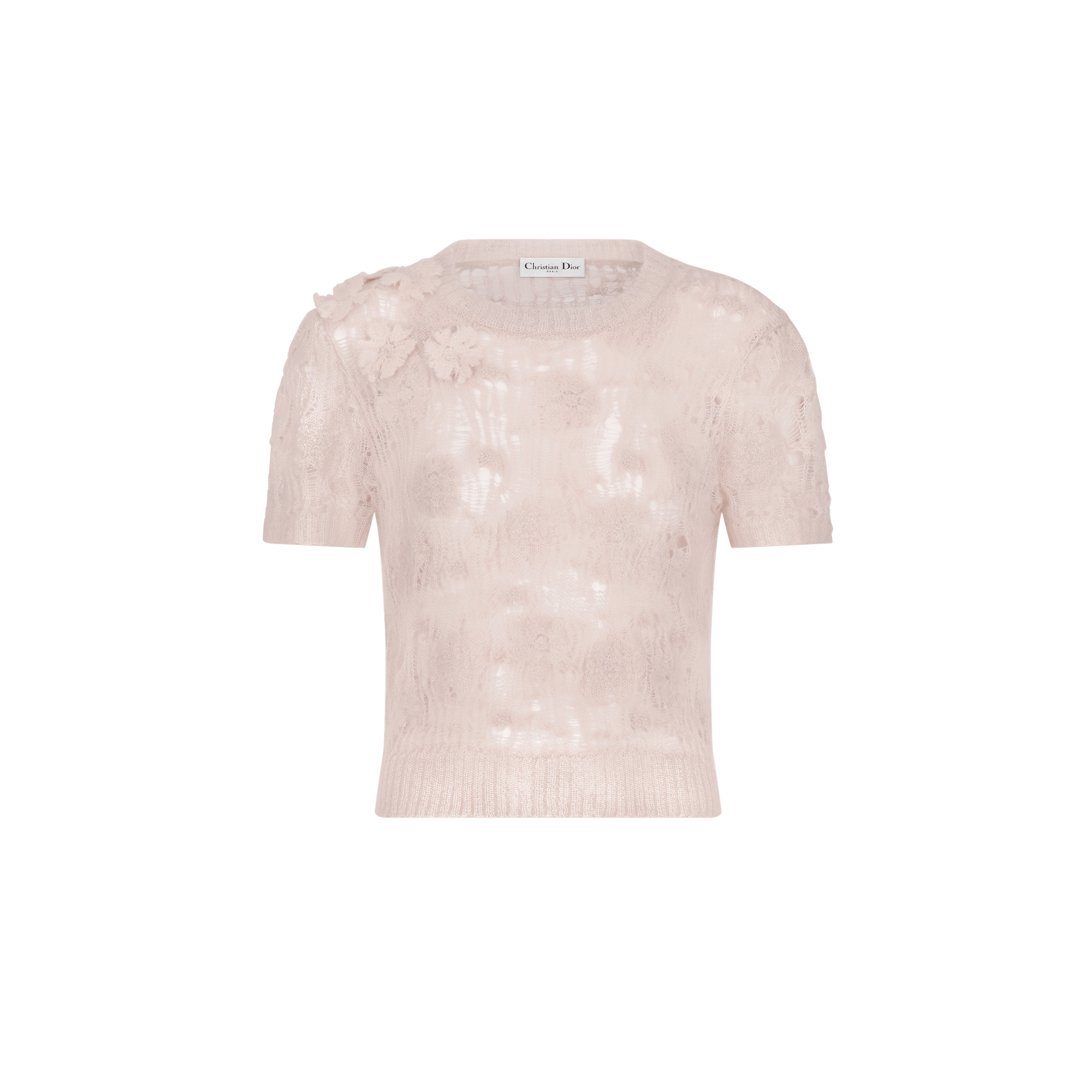 Short-Sleeved Sweater Pink Openwork Silk-Mohair-Alpaca-Blend Knit E01