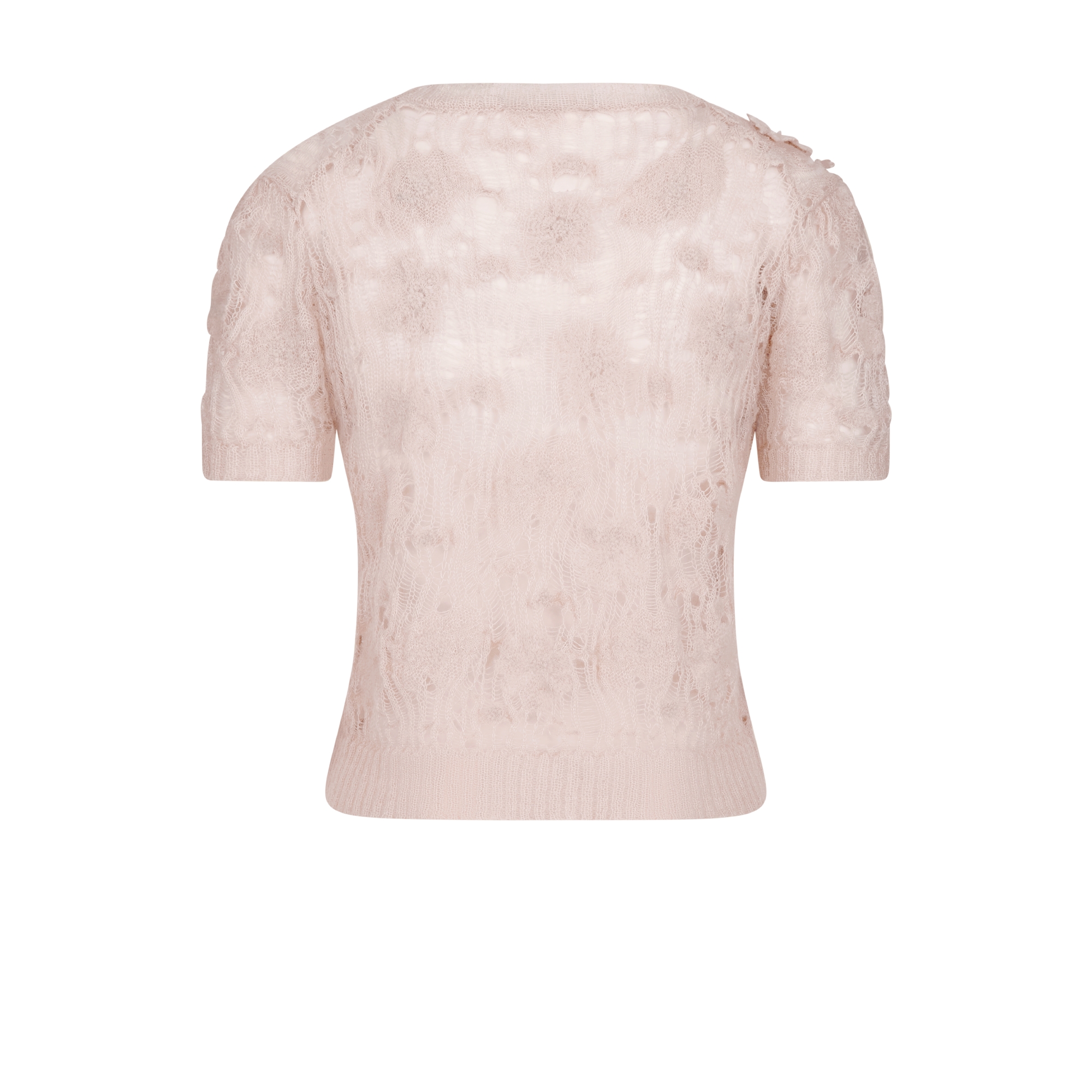 Short-Sleeved Sweater Pink Openwork Silk-Mohair-Alpaca-Blend Knit E08