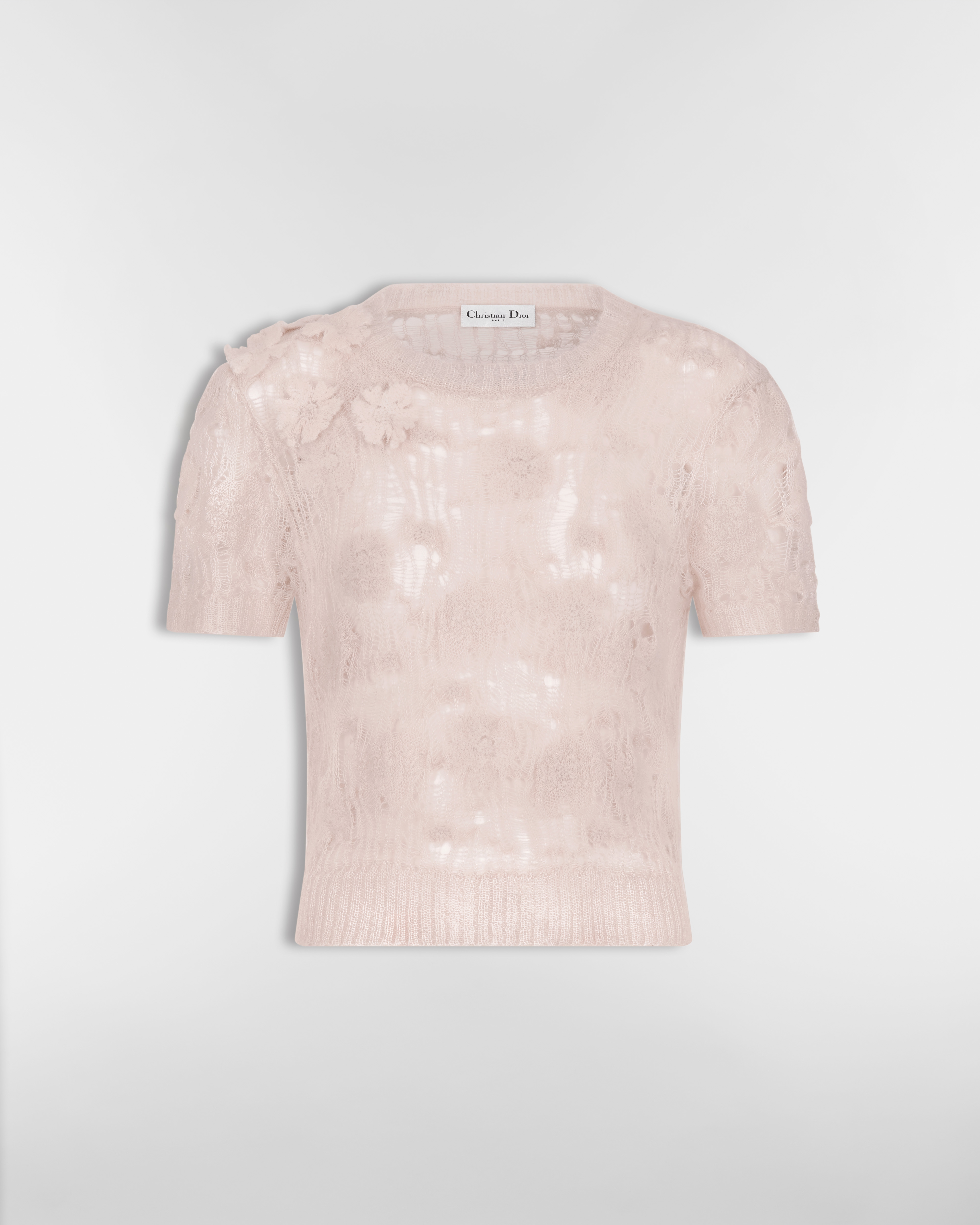 Pull à manches courtes Maille ajourée de soie, mohair et alpaga mélangés roses E01