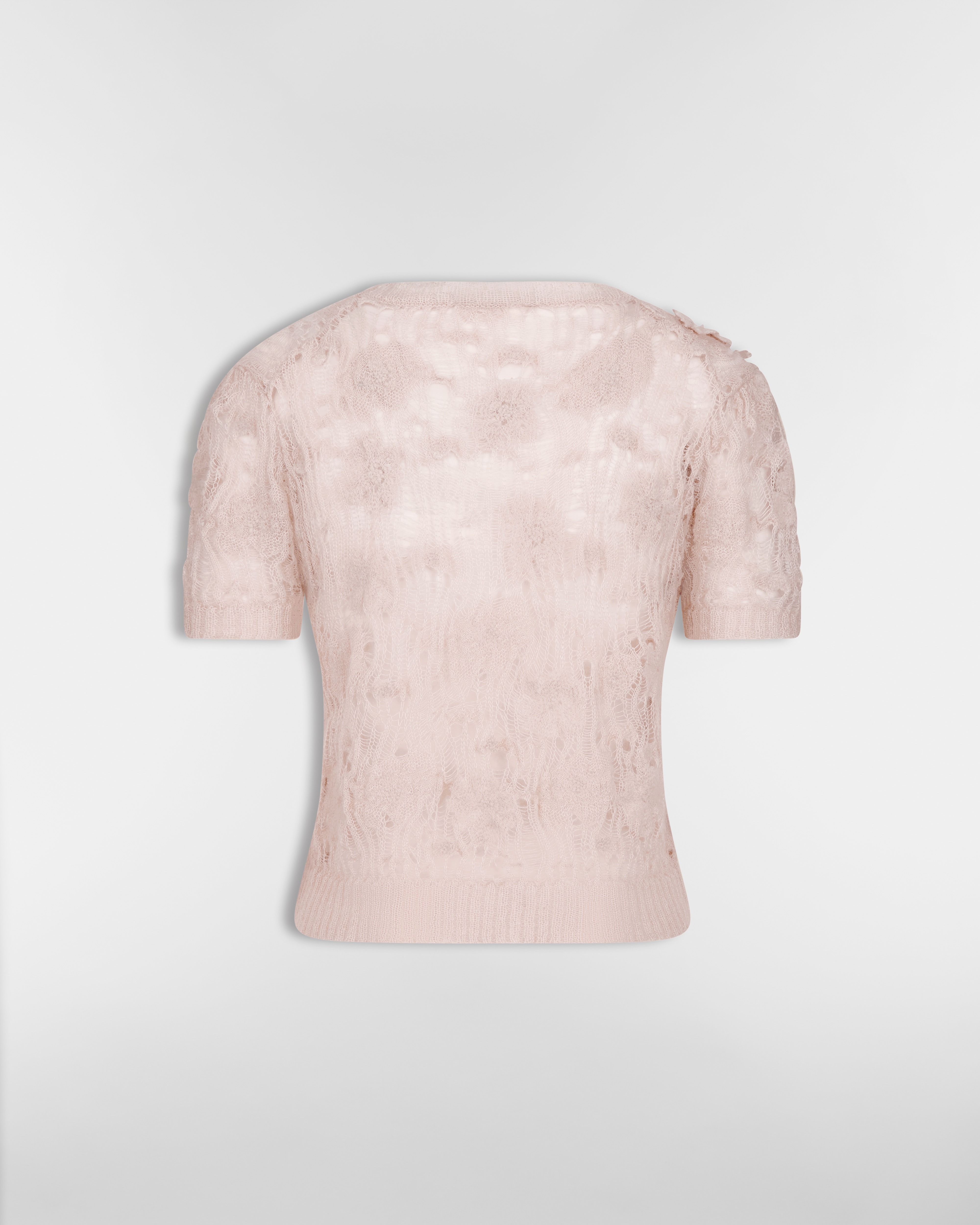 Short-Sleeved Sweater Pink Openwork Silk-Mohair-Alpaca-Blend Knit E08