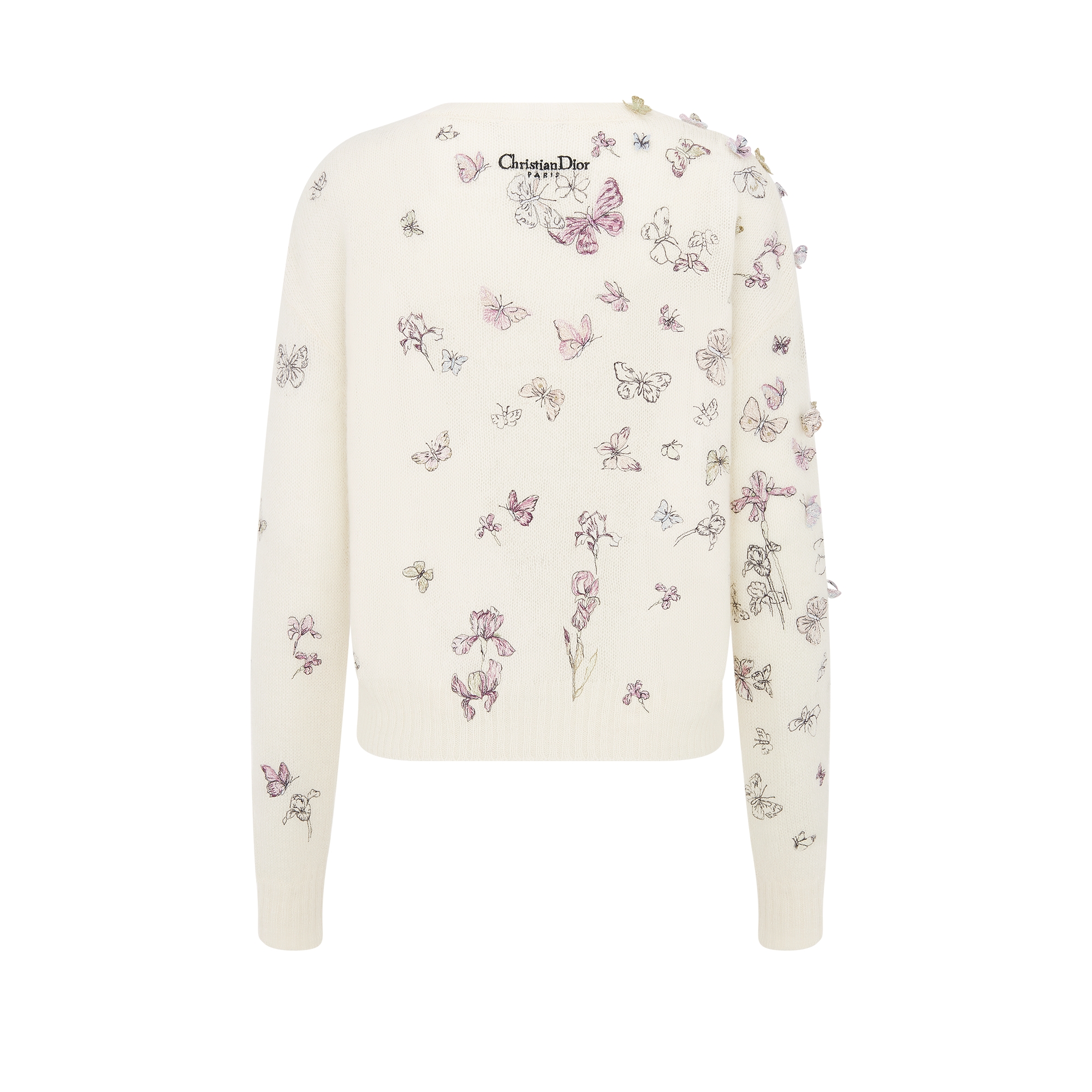 Suéter bordado Punto de alpaca, cachemira y seda blanco con motivo Butterflies & Iris multicolor E08