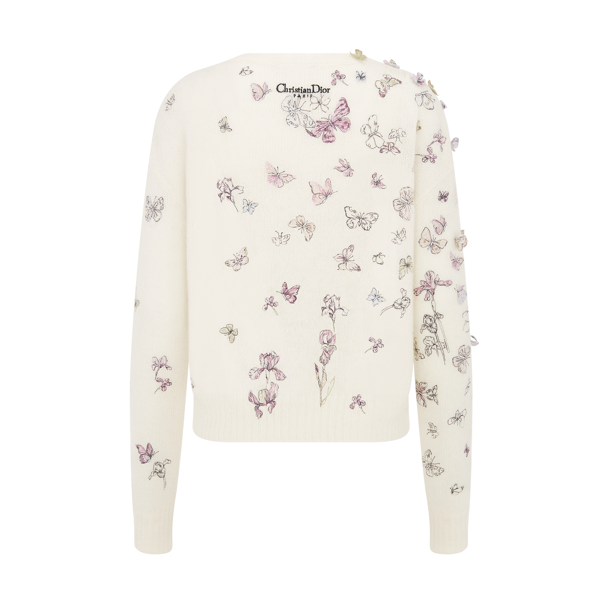 Embroidered Sweater White Alpaca, Cashmere and Silk Knit with Multicolor Butterflies & Iris Motif E08