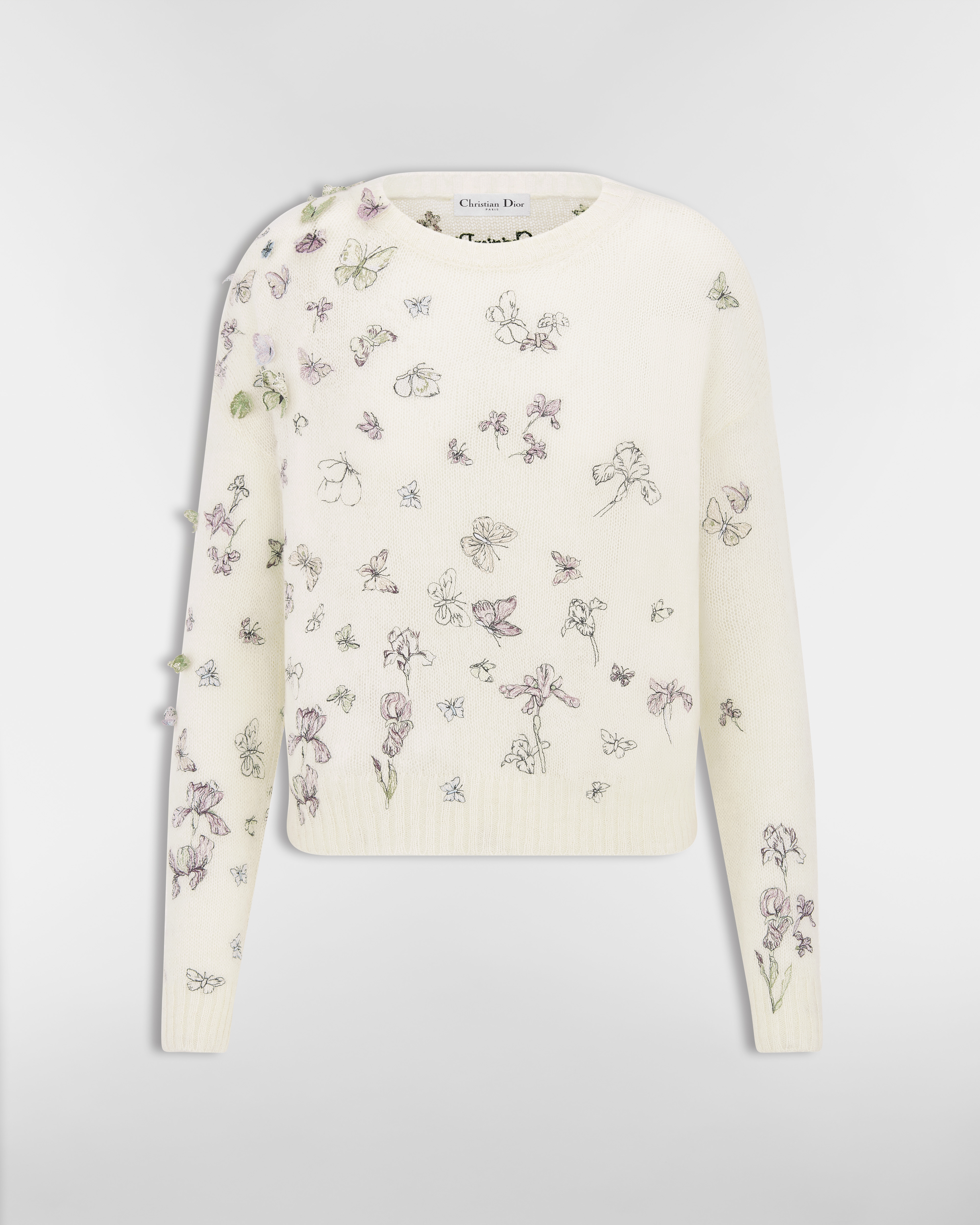 Pull brodé Maille d'alpaga, cachemire et soie blancs à motif Butterflies & Iris multicolore E01