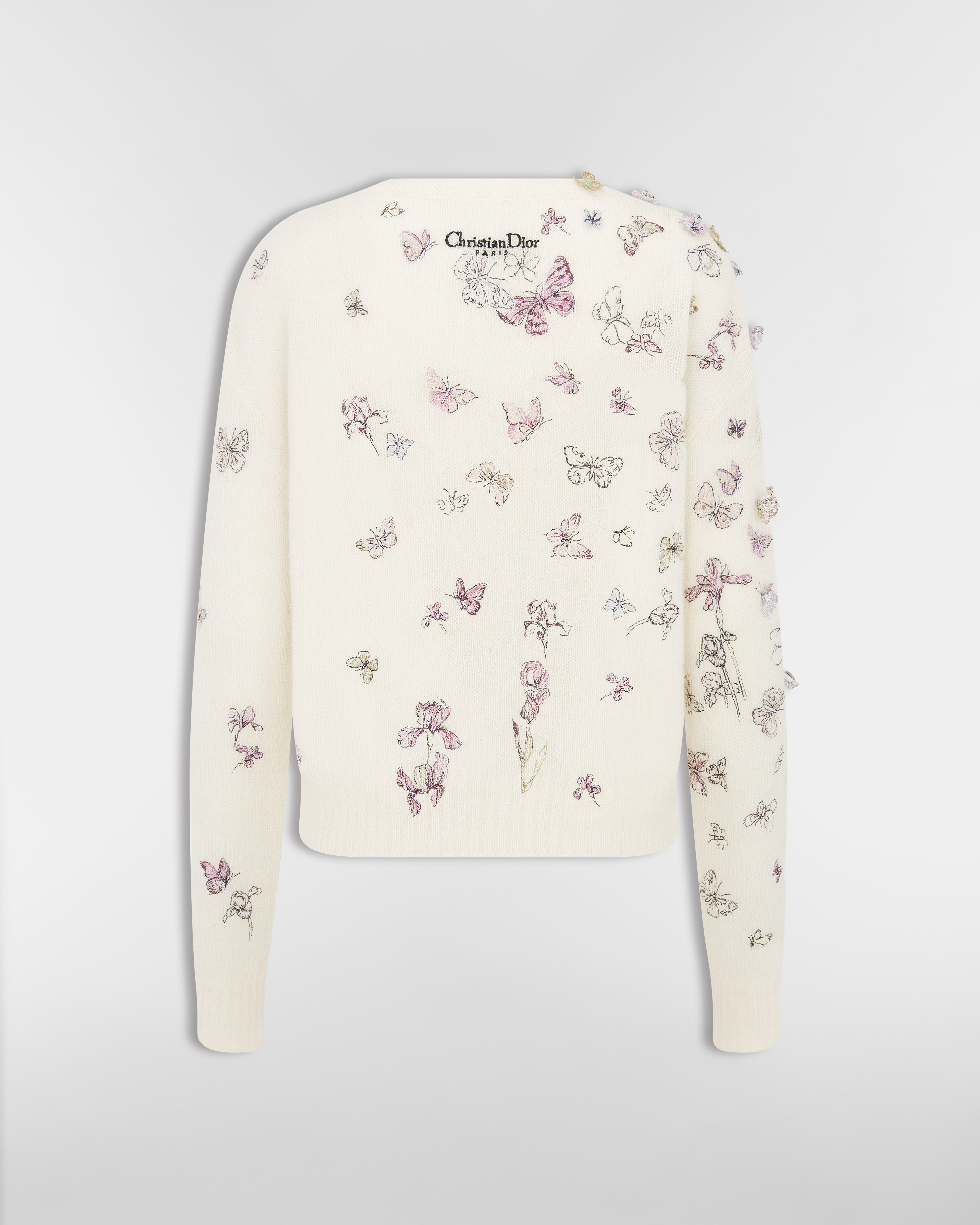 Pullover mit Stickerei Strick aus Alpakawolle, Kaschmir und Seide in Weiß mit Butterflies & Iris Motiv in mehreren Farben E08