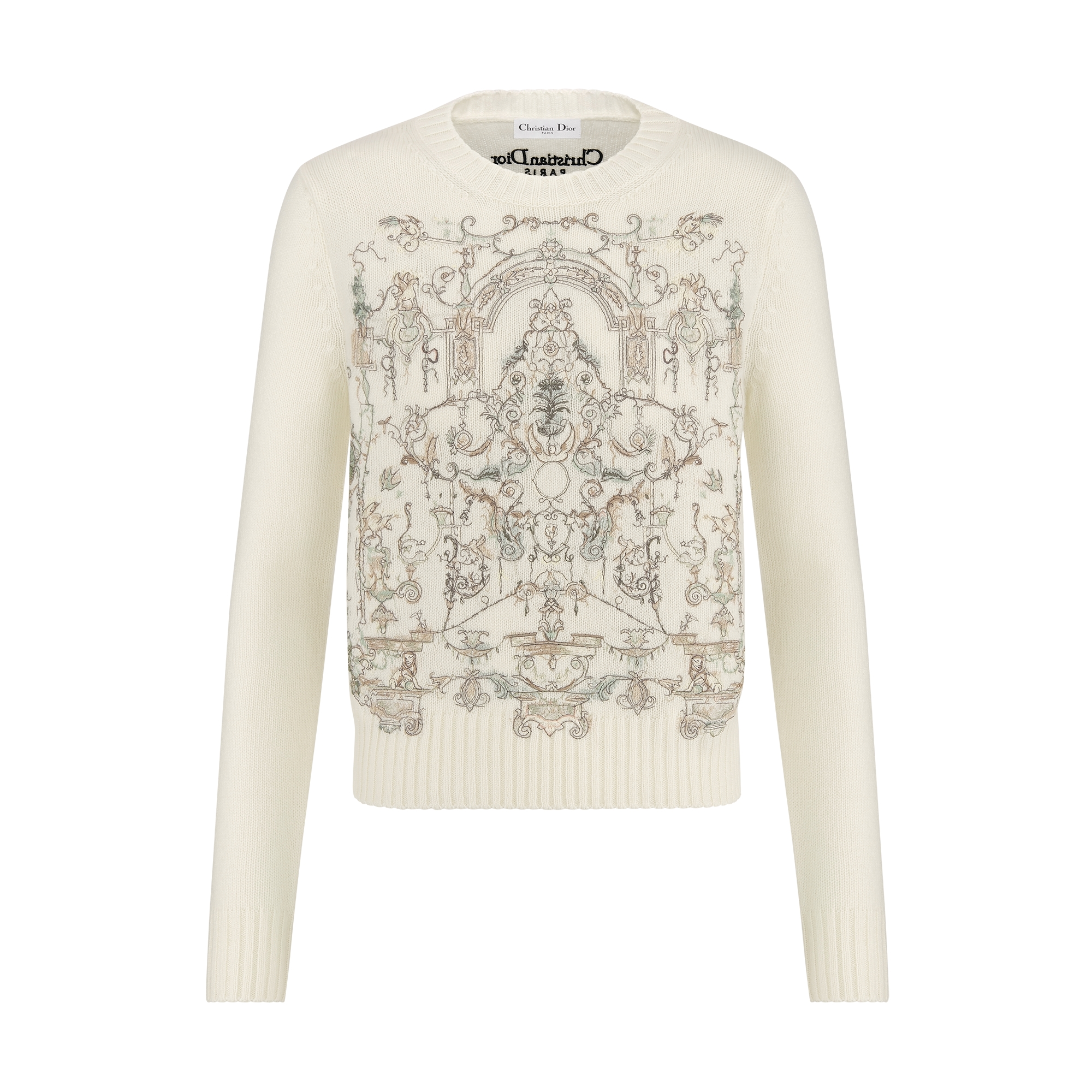 Embroidered Sweater White Cashmere and Wool Knit with Multicolor
