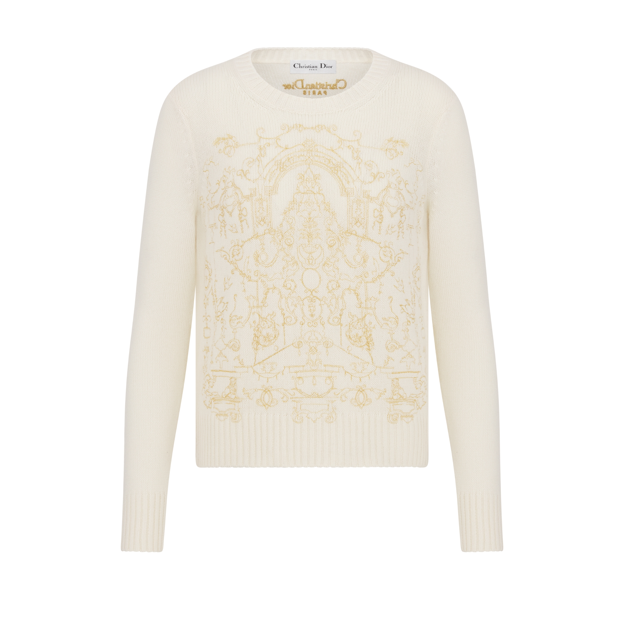 Embroidered Sweater Ecru Cashmere Knit with Gold-Tone Dioresque Stella Motif E01