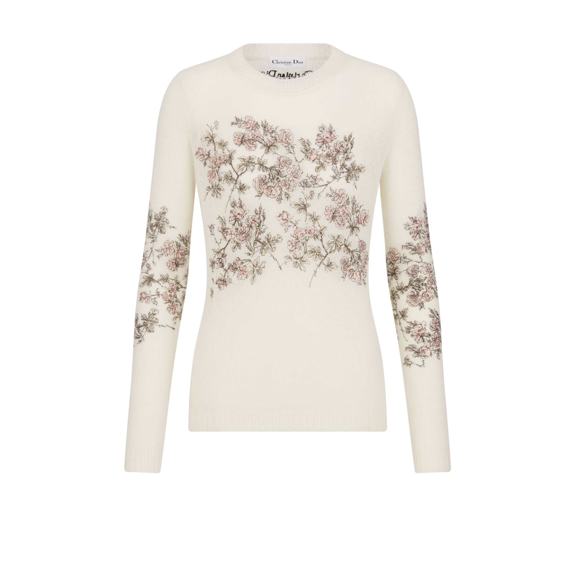 Embroidered Sweater White Silk-Mohair-Alpaca-Blend Knit with Multicolor Rosier de Dior Motif E01