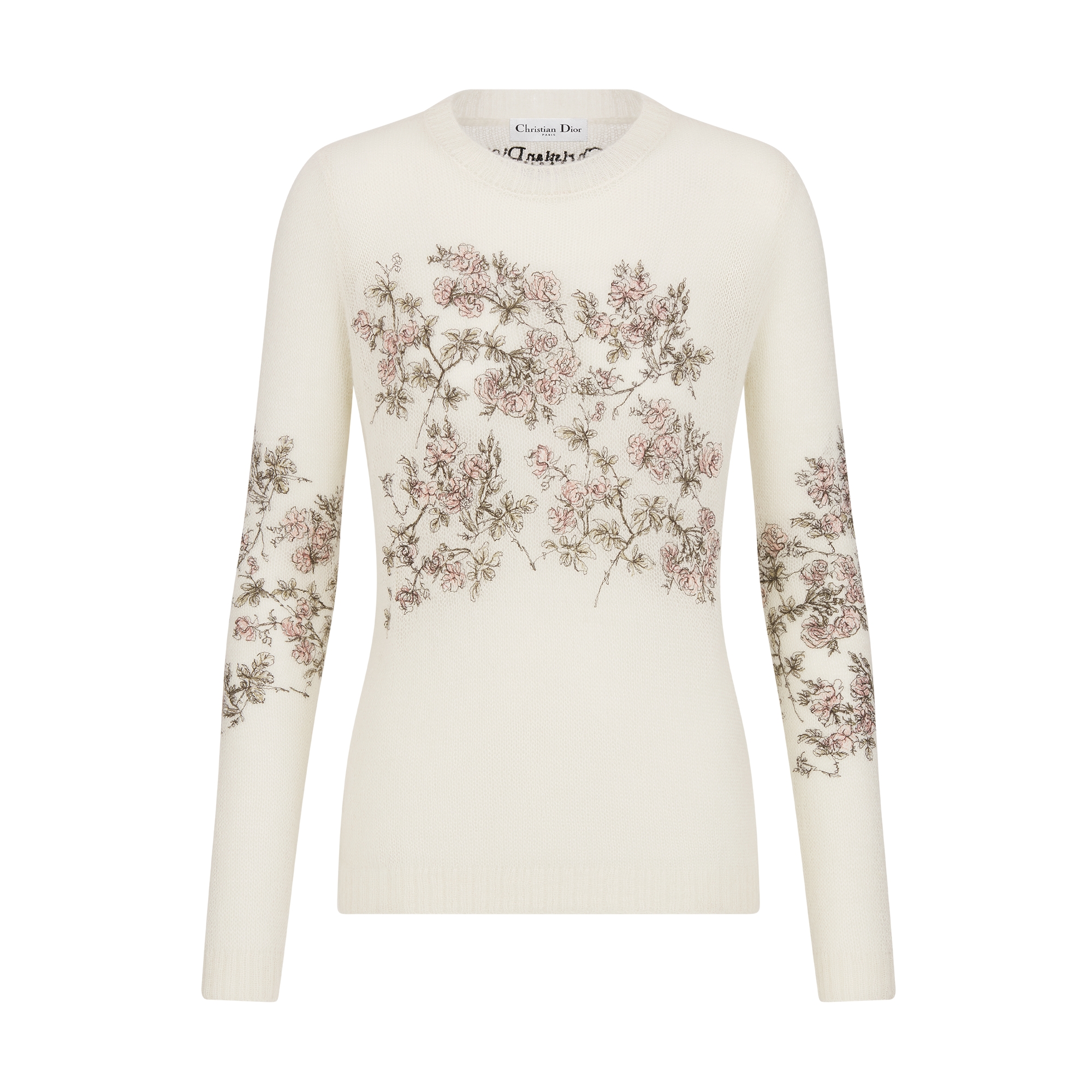 Embroidered Sweater White Silk-Mohair-Alpaca-Blend Knit with