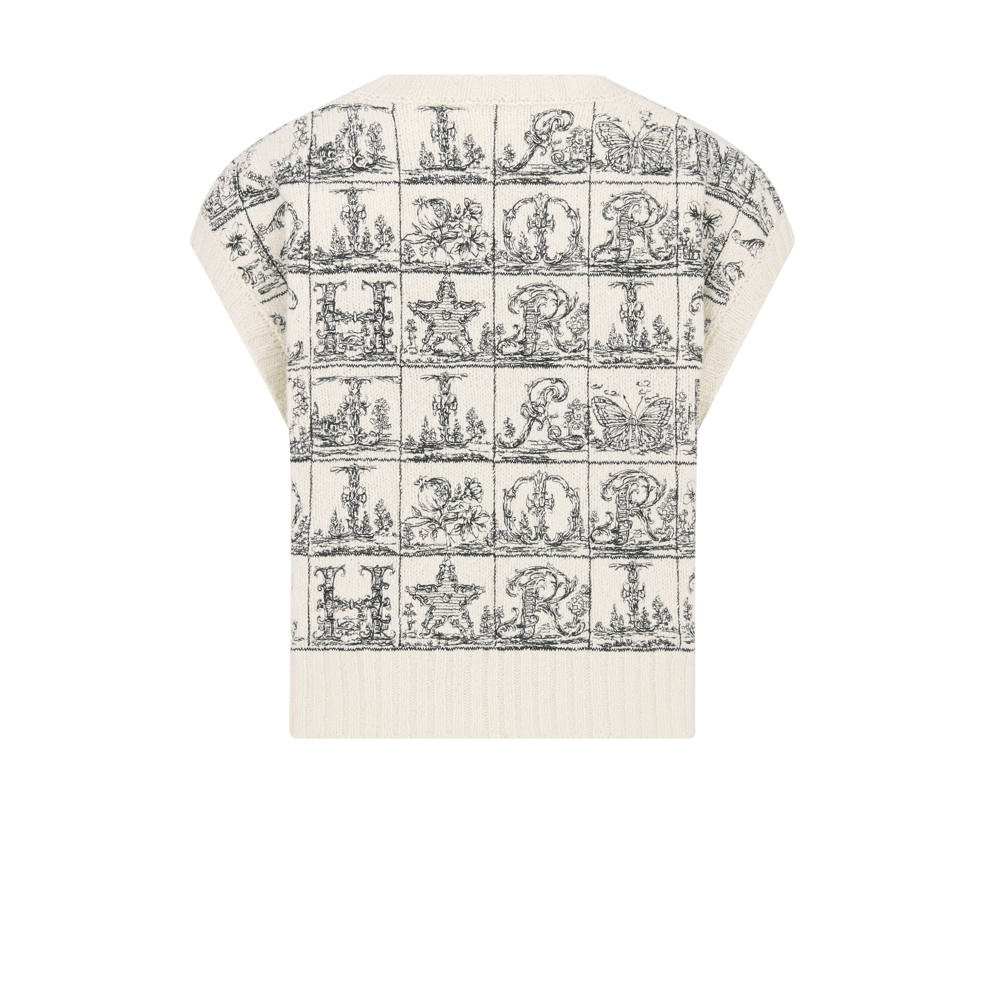 Bestickter Pullunder Woll- und Seidenstrick in Ecru mit Dior Alphabet Motiv in Schwarz E08