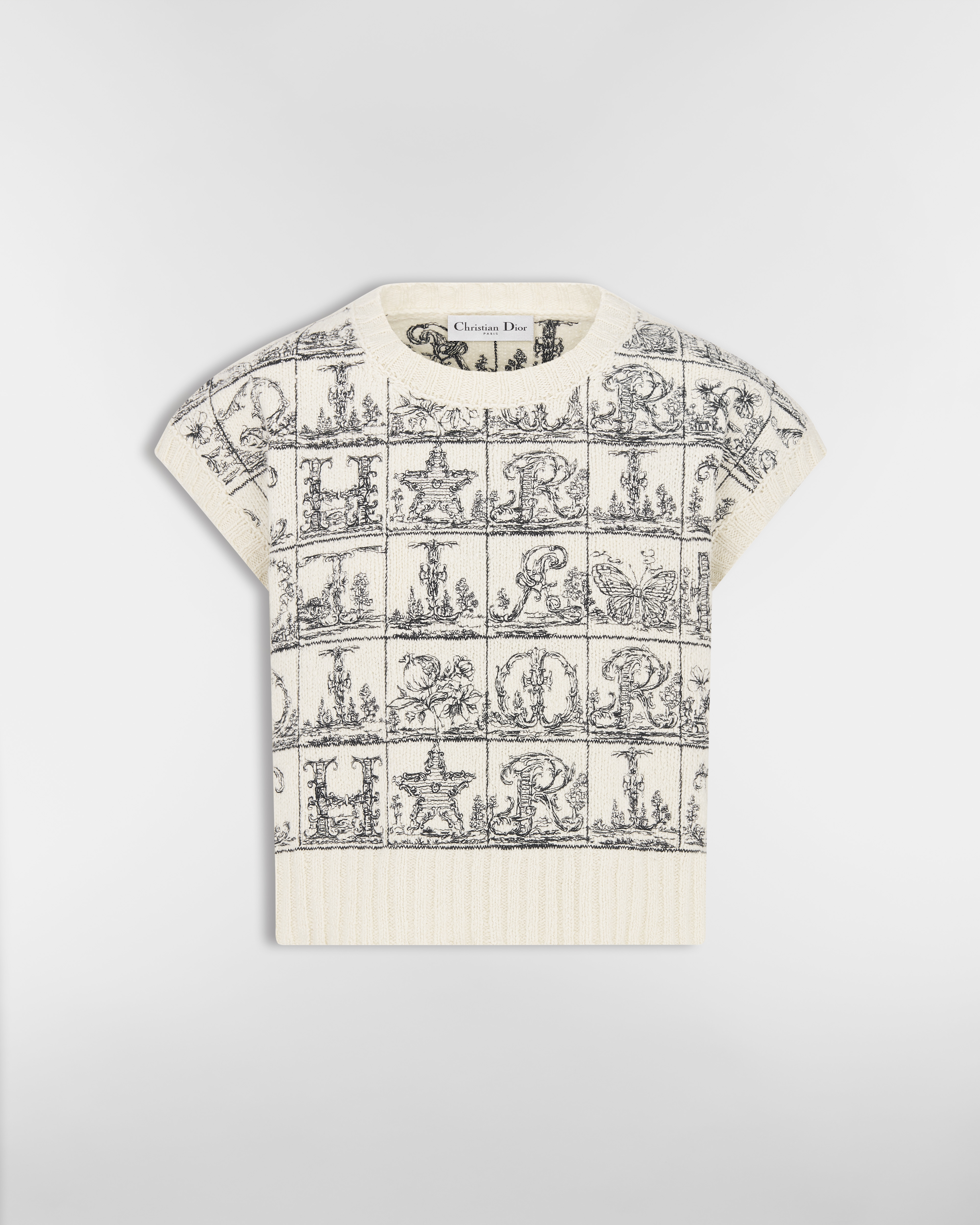 Embroidered Sweater Vest Ecru Wool and Silk Knit with Black Dior Alphabet Motif E01