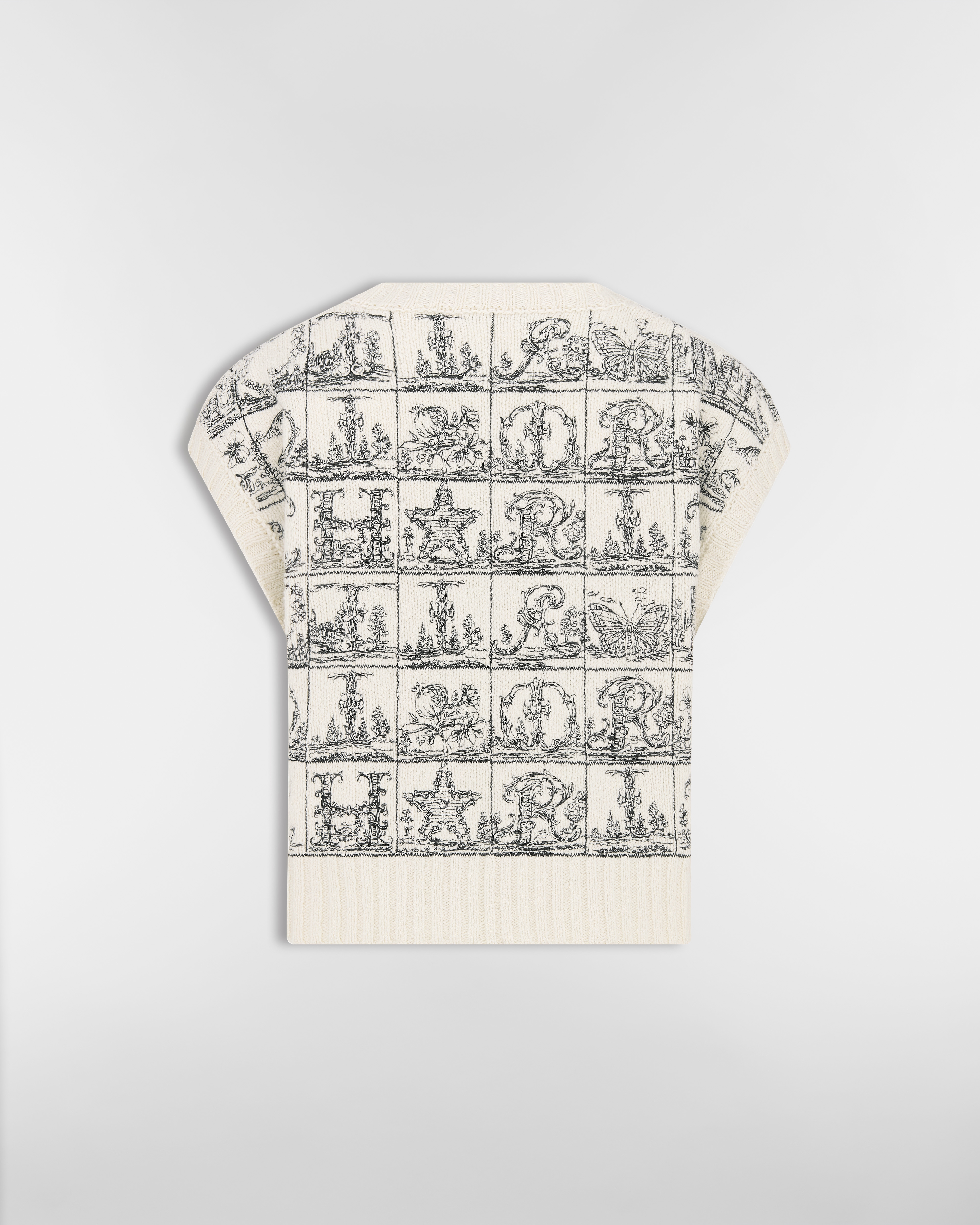 Embroidered Sweater Vest Ecru Wool and Silk Knit with Black Dior Alphabet Motif E08
