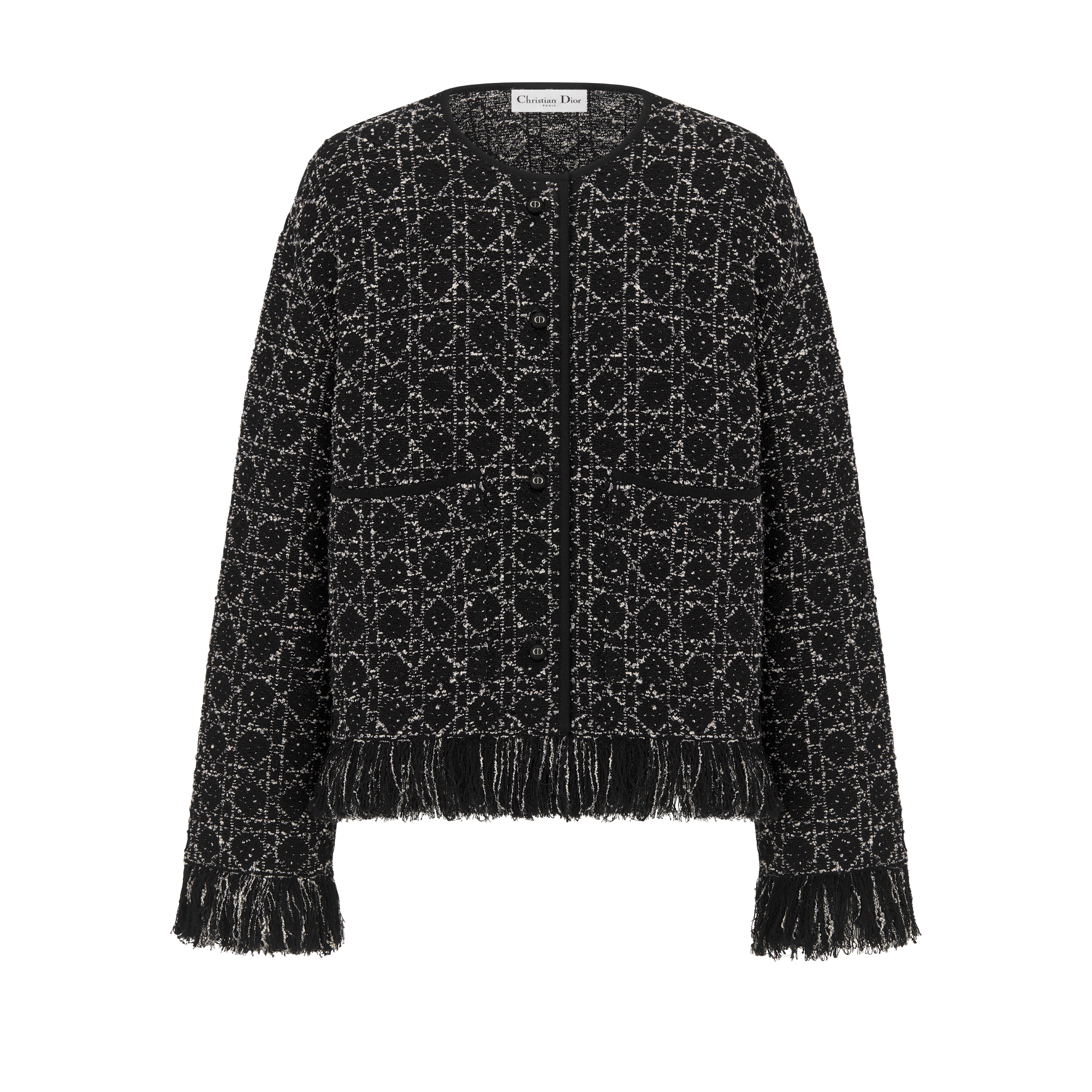 Macrocannage Regular-Fit Jacket Black and White Cotton-Blend Tweed Knit E01