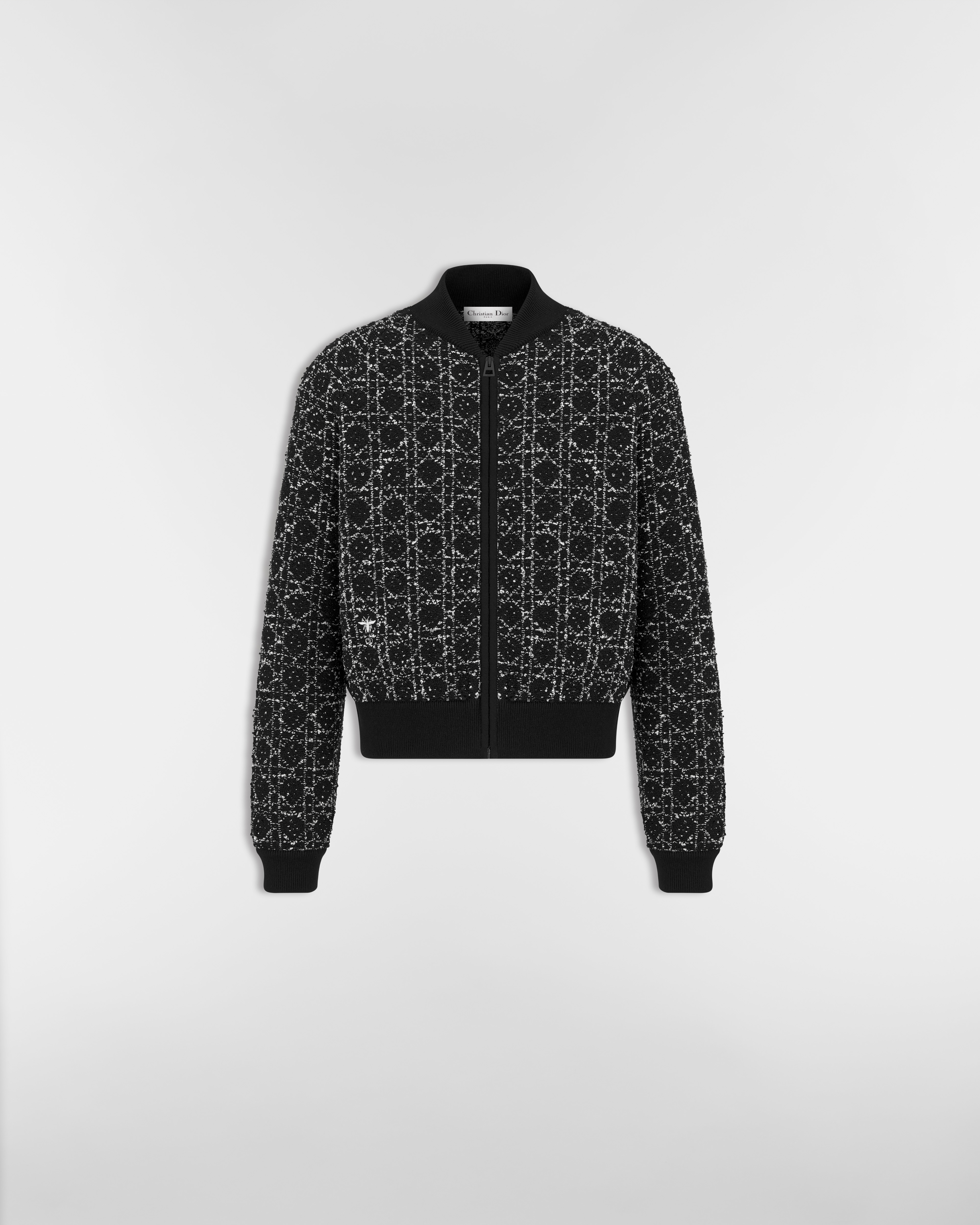 Macrocannage Bomber Jacket Black and White Cotton-Blend Tweed Knit E01
