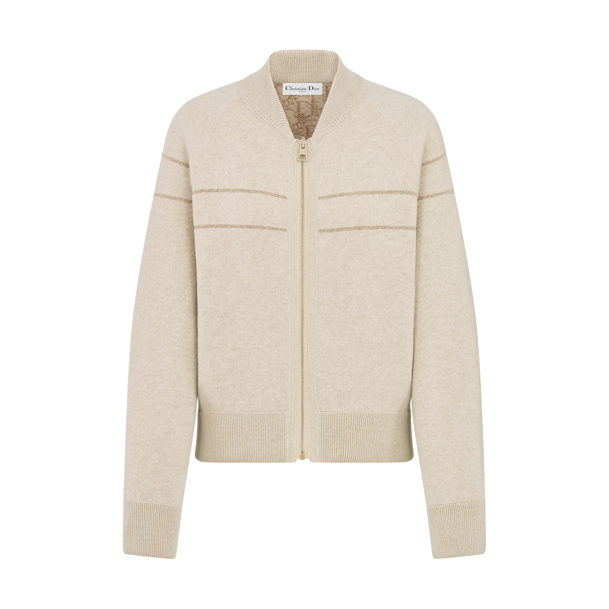 Reversible Zipped Bomber Jacket Gold-Tone Metallic Cashmere-Blend Knit with Dior Oblique Motif E07