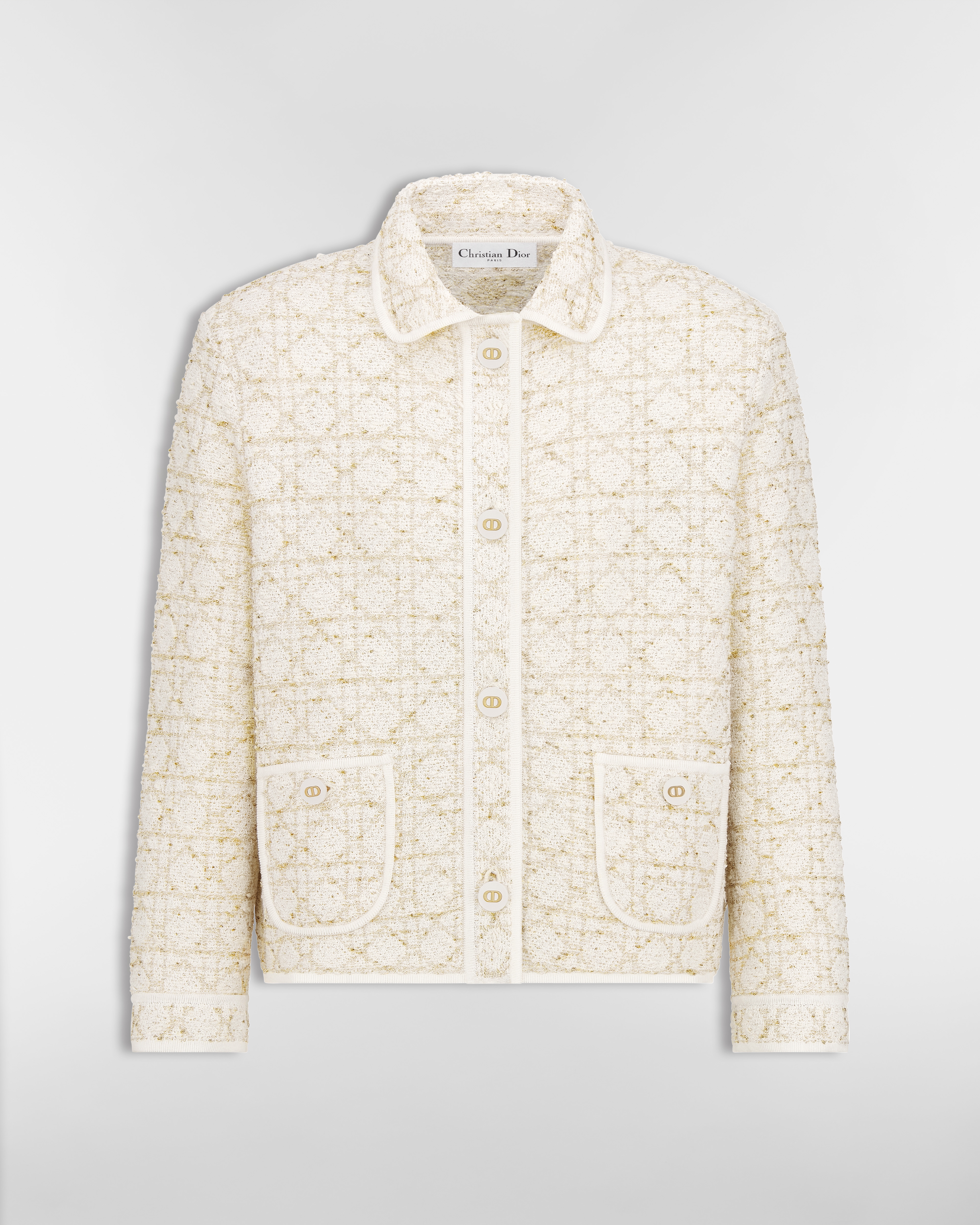 Macrocannage Jacke Tweedstrick aus Baumwollmischung in Weiß und Goldfarbe E01